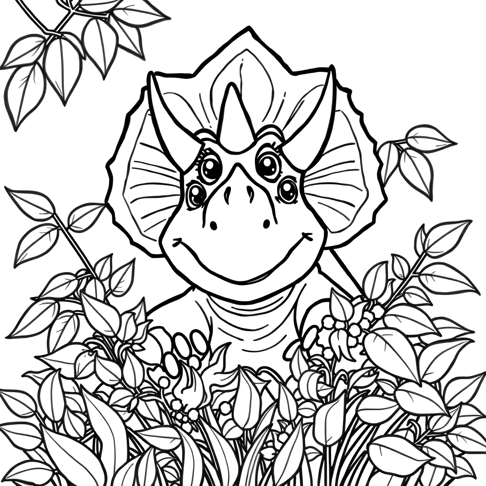 Triceratops smiling happily in the jungle Coloring Page (free black-and-white line drawing printable PDF for all, from beginners to advanced learners, including children, teens, adults, and seniors)