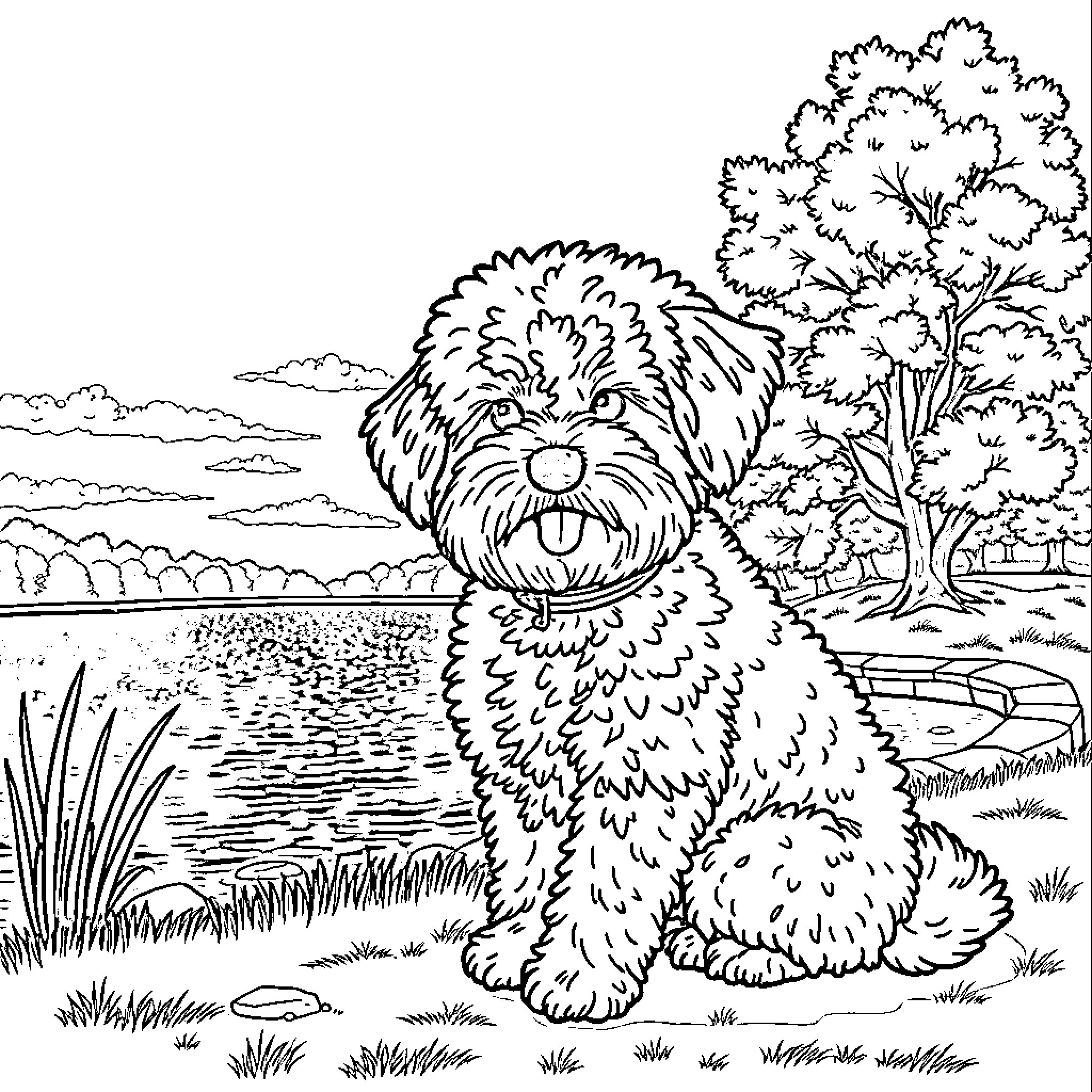 Bichon Frise enjoying a peaceful outdoor scene Coloring Page (free black-and-white line drawing printable PDF for all, from beginners to advanced learners, including children, teens, adults, and seniors)