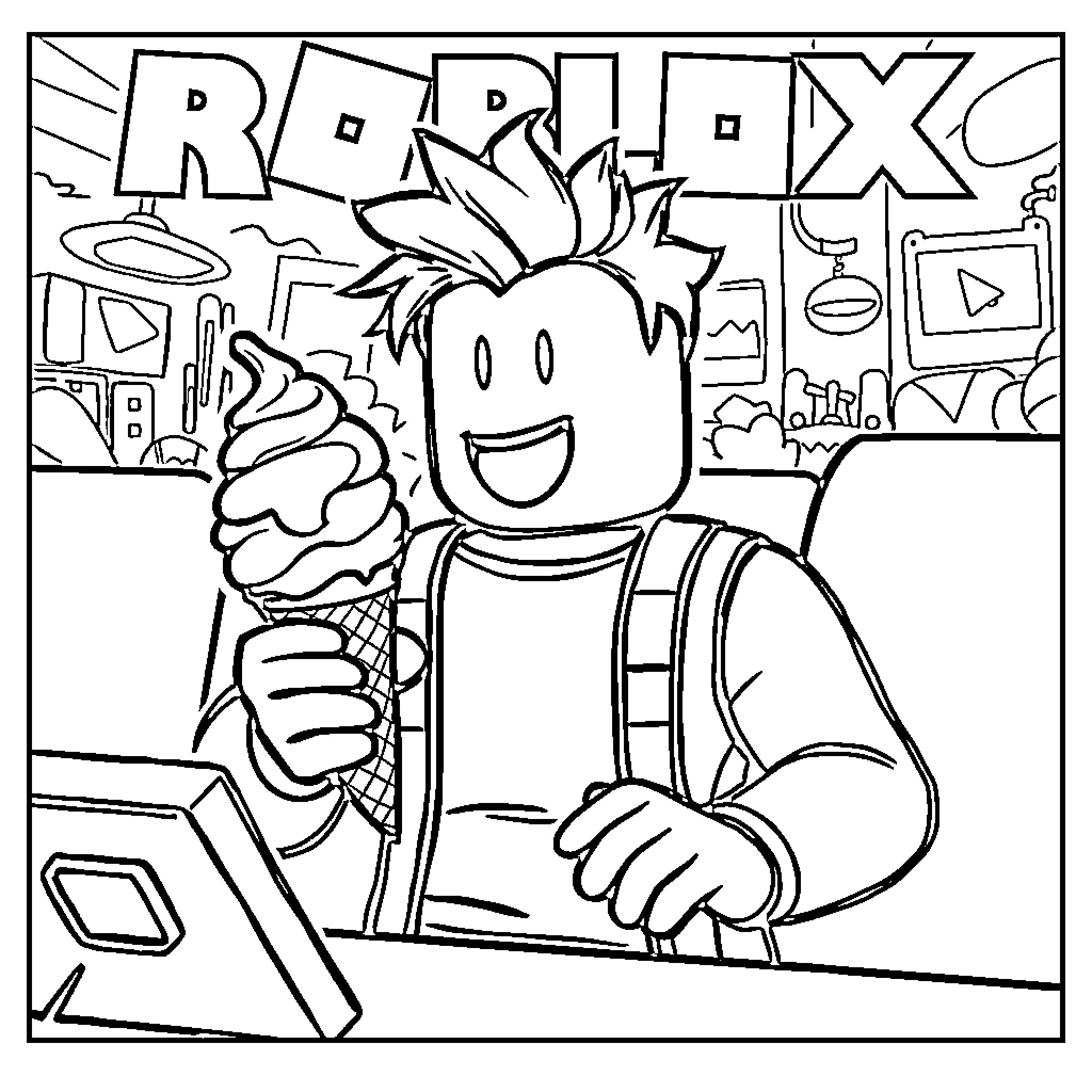 Roblox Player enjoying an ice cream in a gaming scene Coloring Page (free black-and-white line drawing printable PDF for all, from beginners to advanced learners, including children, teens, adults, and seniors)