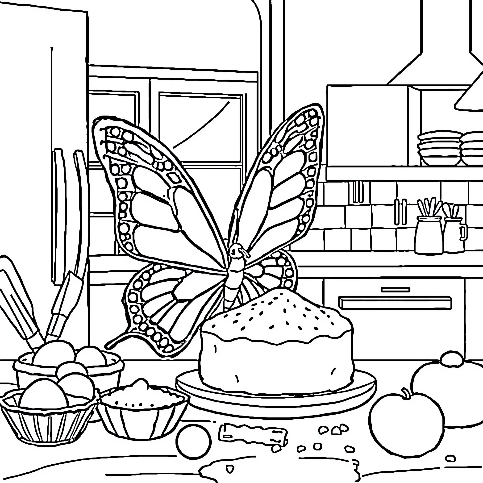 Butterfly Decorates Delightful Dessert Scene Coloring Page (free black-and-white line drawing printable PDF for all, from beginners to advanced learners, including children, teens, adults, and seniors)