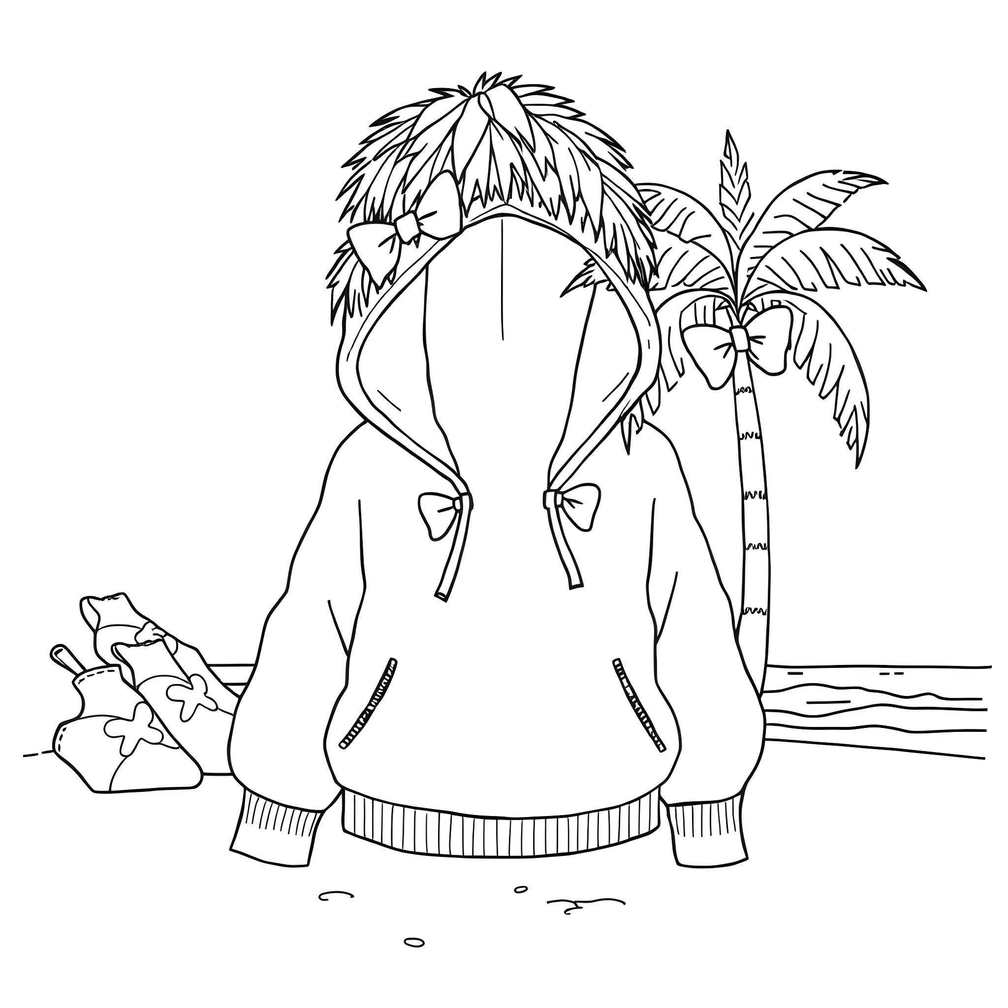 Palm-themed outfit on the beach Coloring Page (free black-and-white line drawing printable PDF for all, from beginners to advanced learners, including children, teens, adults, and seniors)