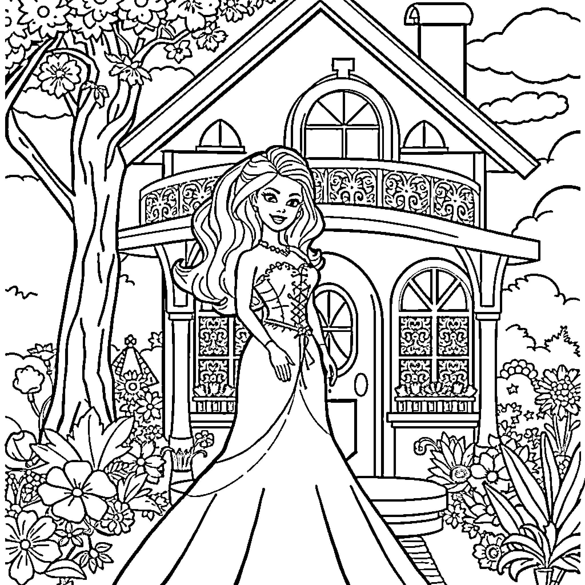Barbie in a Beautiful Floral Garden Coloring Page (free black-and-white line drawing printable PDF for all, from beginners to advanced learners, including children, teens, adults, and seniors)