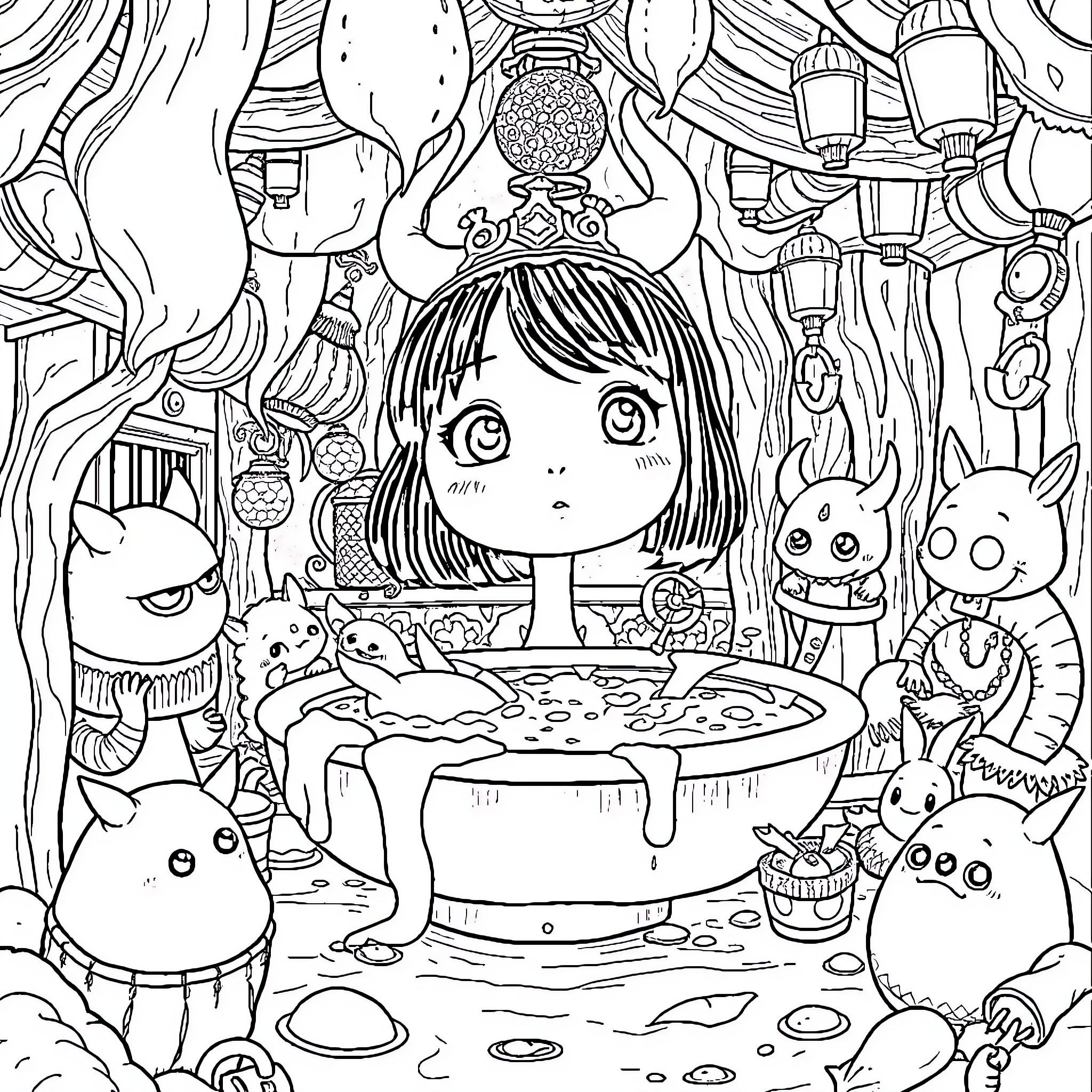 Spirited Away - Discovering the Enchanting World Coloring Page (free black-and-white line drawing printable PDF for all, from beginners to advanced learners, including children, teens, adults, and seniors)