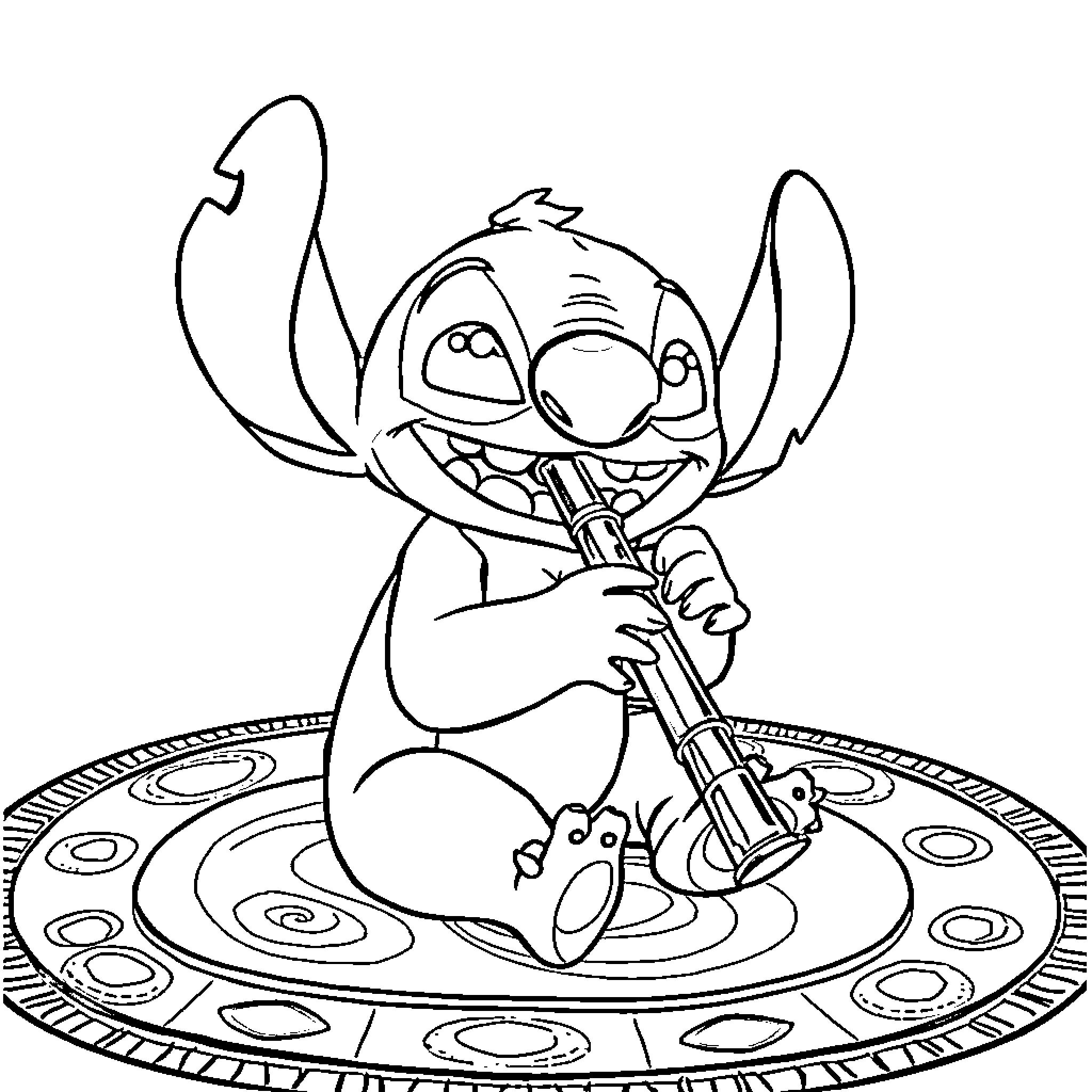 Stitch playing with musical instrument on circular design Coloring Page (free black-and-white line drawing printable PDF for all, from beginners to advanced learners, including children, teens, adults, and seniors)