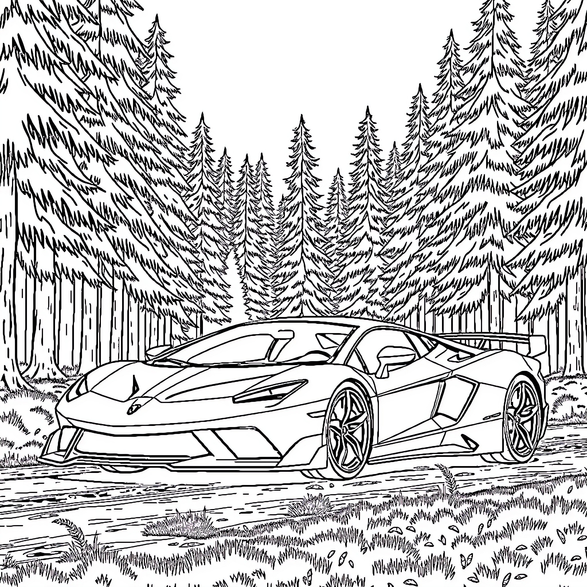 Supercar speeding through the forest Coloring Page (free black-and-white line drawing printable PDF for all, from beginners to advanced learners, including children, teens, adults, and seniors)