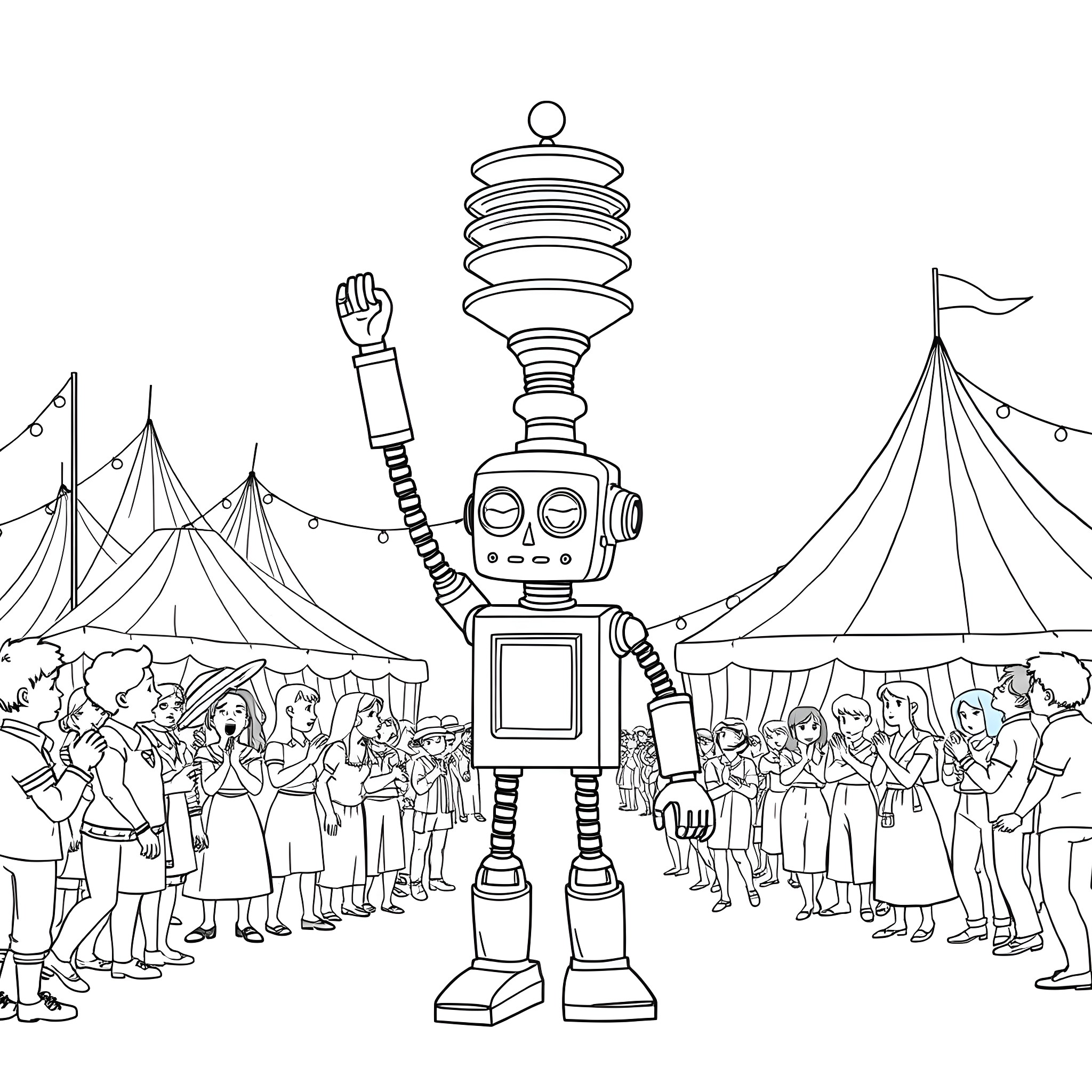 Robot performing tricks at the carnival Coloring Page (free black-and-white line drawing printable PDF for all, from beginners to advanced learners, including children, teens, adults, and seniors)
