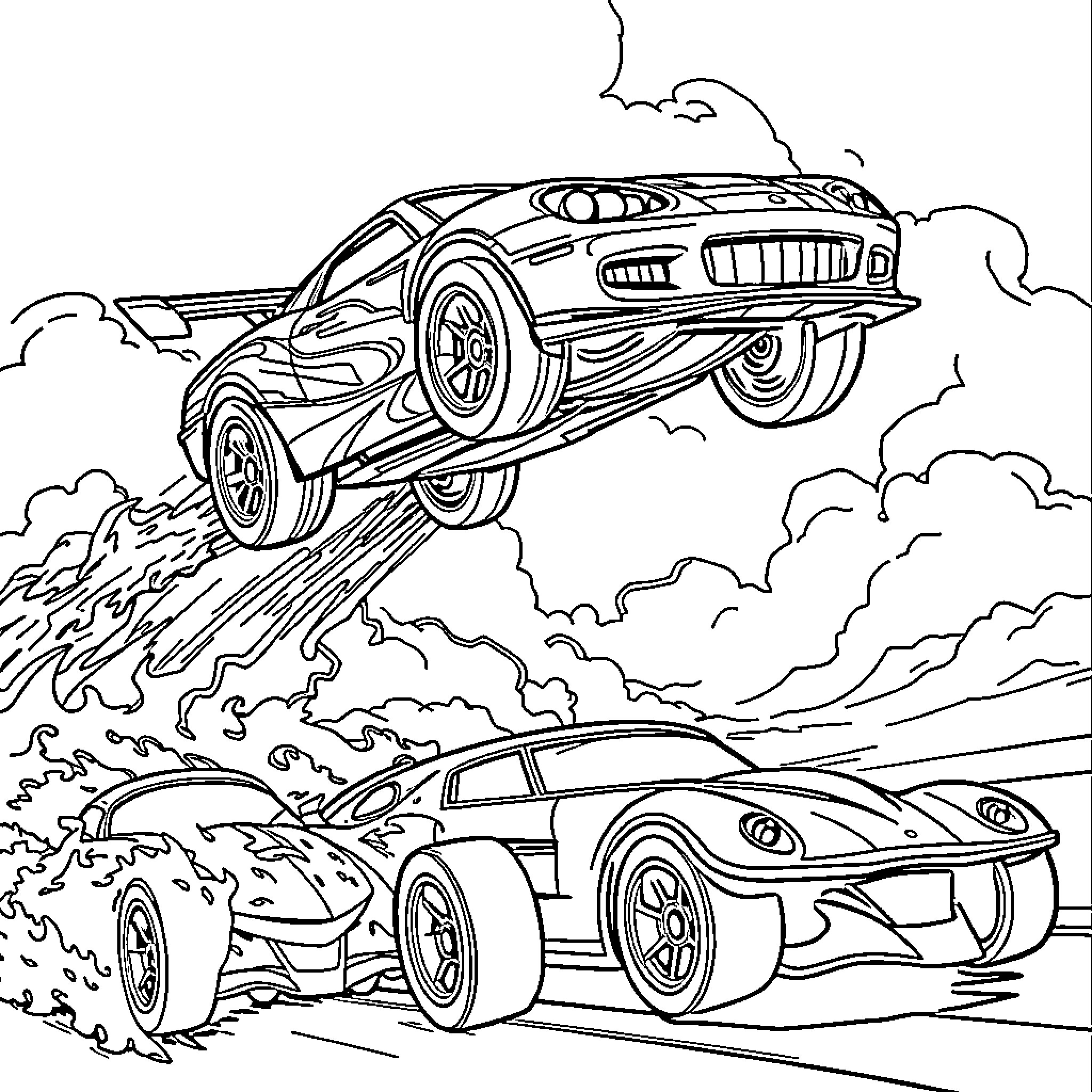Hot Wheels cars racing through the clouds Coloring Page (free black-and-white line drawing printable PDF for all, from beginners to advanced learners, including children, teens, adults, and seniors)