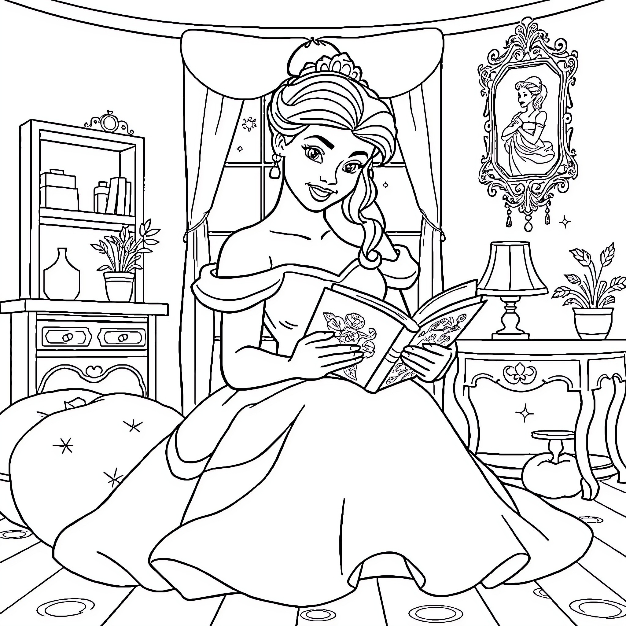 Belle reading a book in her enchanted room Coloring Page (free black-and-white line drawing printable PDF for all, from beginners to advanced learners, including children, teens, adults, and seniors)