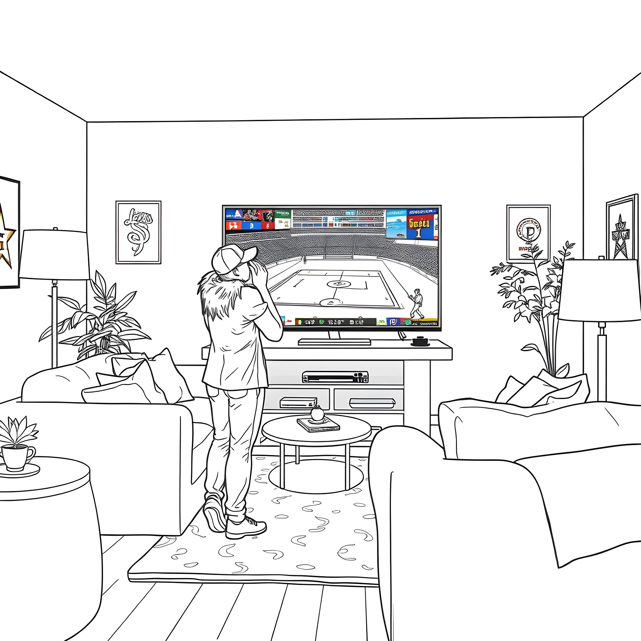 Couple enjoying a video game in a cozy living room Coloring Page (free black-and-white line drawing printable PDF for all, from beginners to advanced learners, including children, teens, adults, and seniors)
