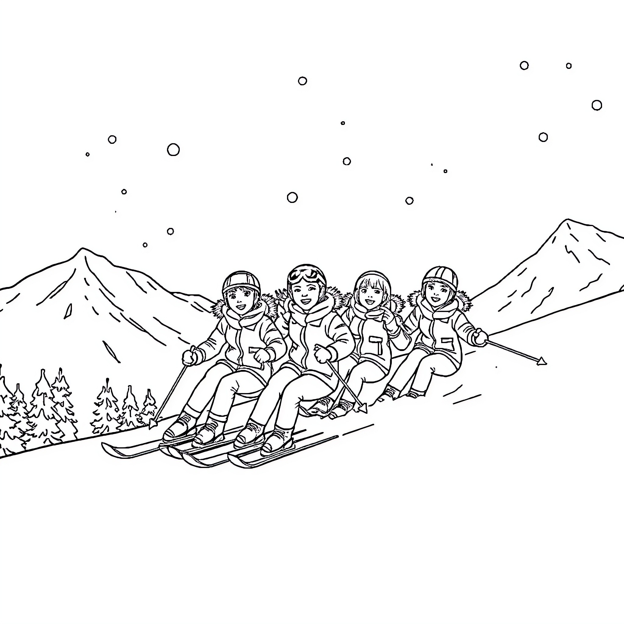 Kpop Stars Skiing Down the Slopes Coloring Page (free black-and-white line drawing printable PDF for all, from beginners to advanced learners, including children, teens, adults, and seniors)