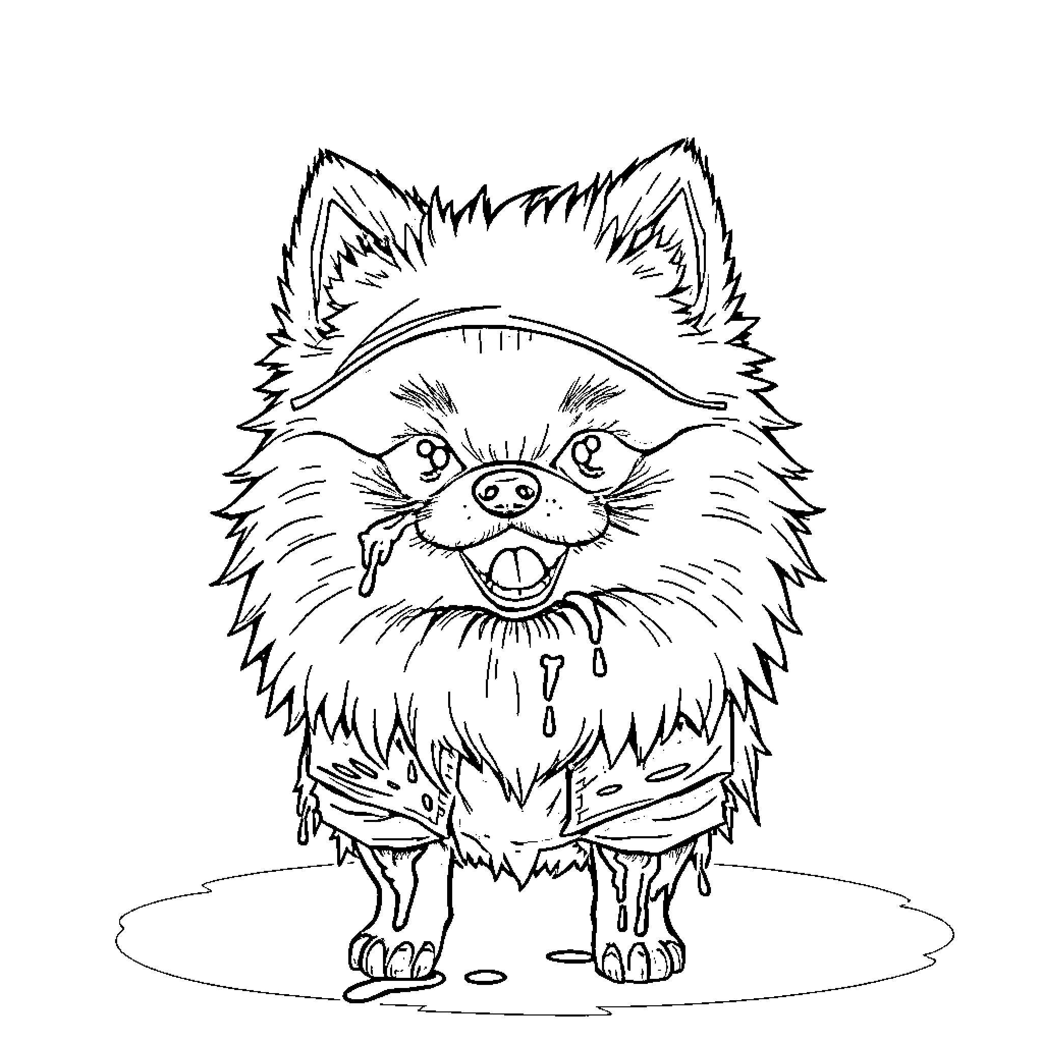 Pomeranian in rainy weather Coloring Page (free black-and-white line drawing printable PDF for all, from beginners to advanced learners, including children, teens, adults, and seniors)