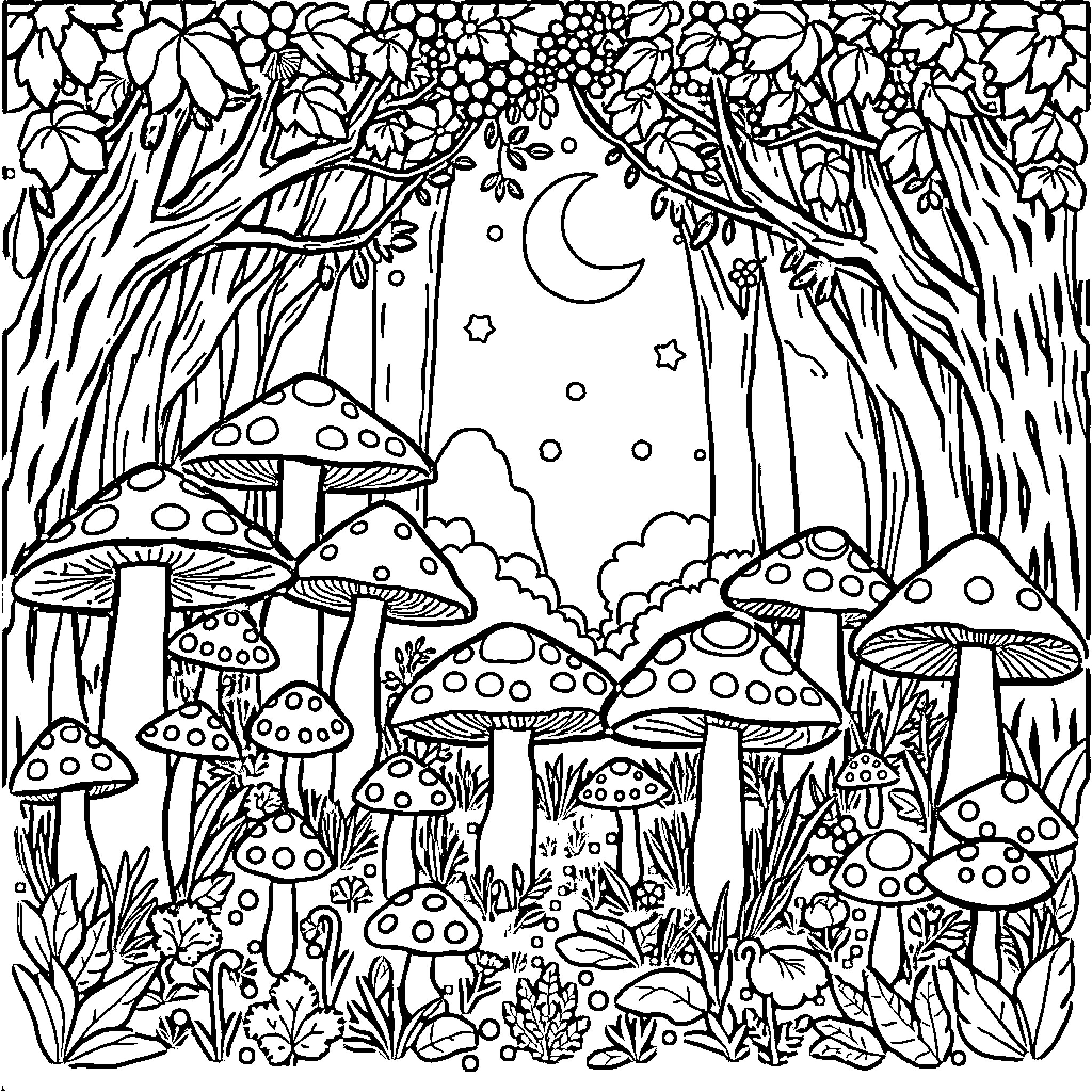 Mushroom Filled Enchanted Forest at Night Coloring Page (free black-and-white line drawing printable PDF for all, from beginners to advanced learners, including children, teens, adults, and seniors)
