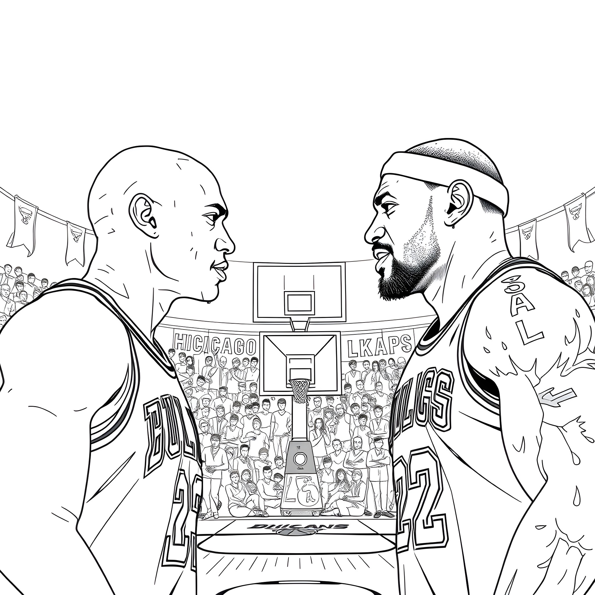 Basketball Players Facing Off on the Court Coloring Page (free black-and-white line drawing printable PDF for all, from beginners to advanced learners, including children, teens, adults, and seniors)