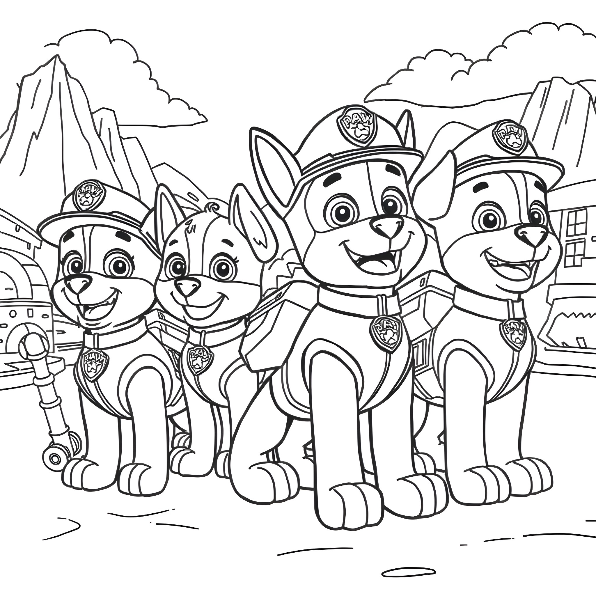 Paw Patrol Team on Rescue Mission Coloring Page (free black-and-white line drawing printable PDF for all, from beginners to advanced learners, including children, teens, adults, and seniors)