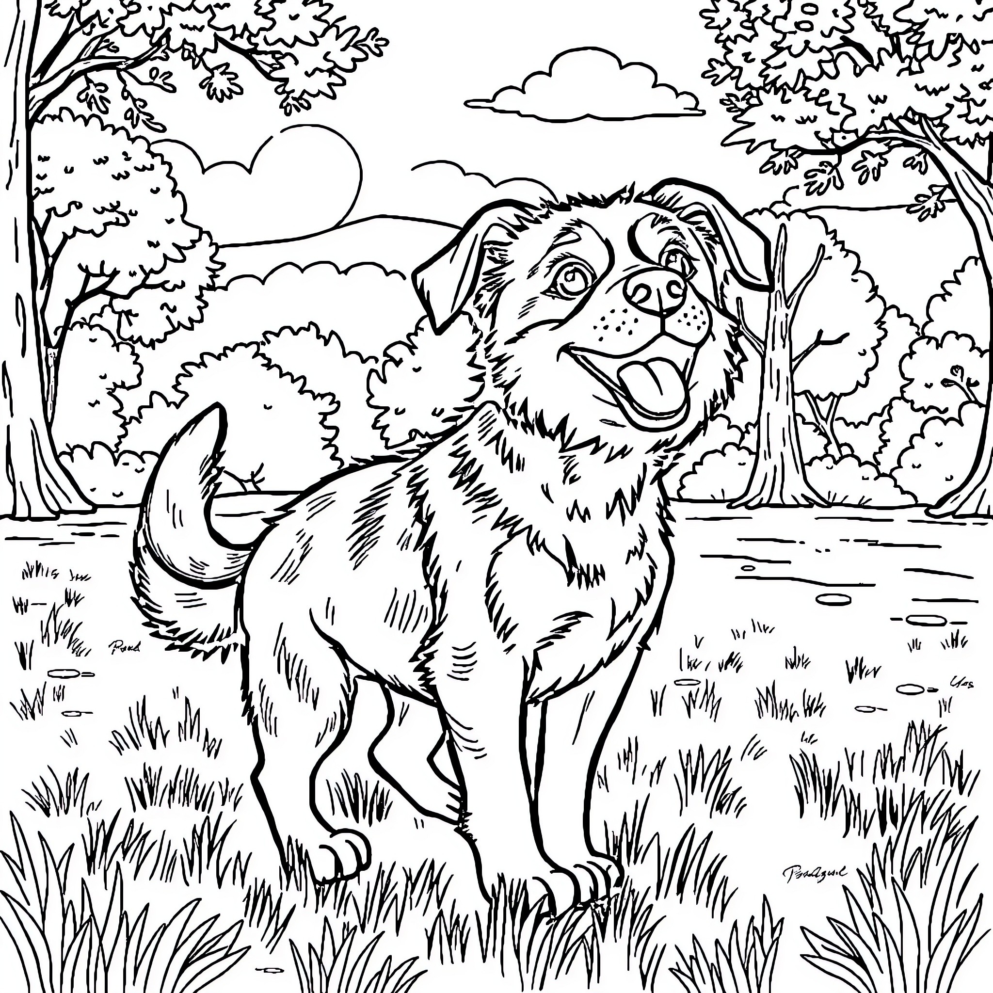 Dog enjoying the outdoor scenery Coloring Page (free black-and-white line drawing printable PDF for all, from beginners to advanced learners, including children, teens, adults, and seniors)