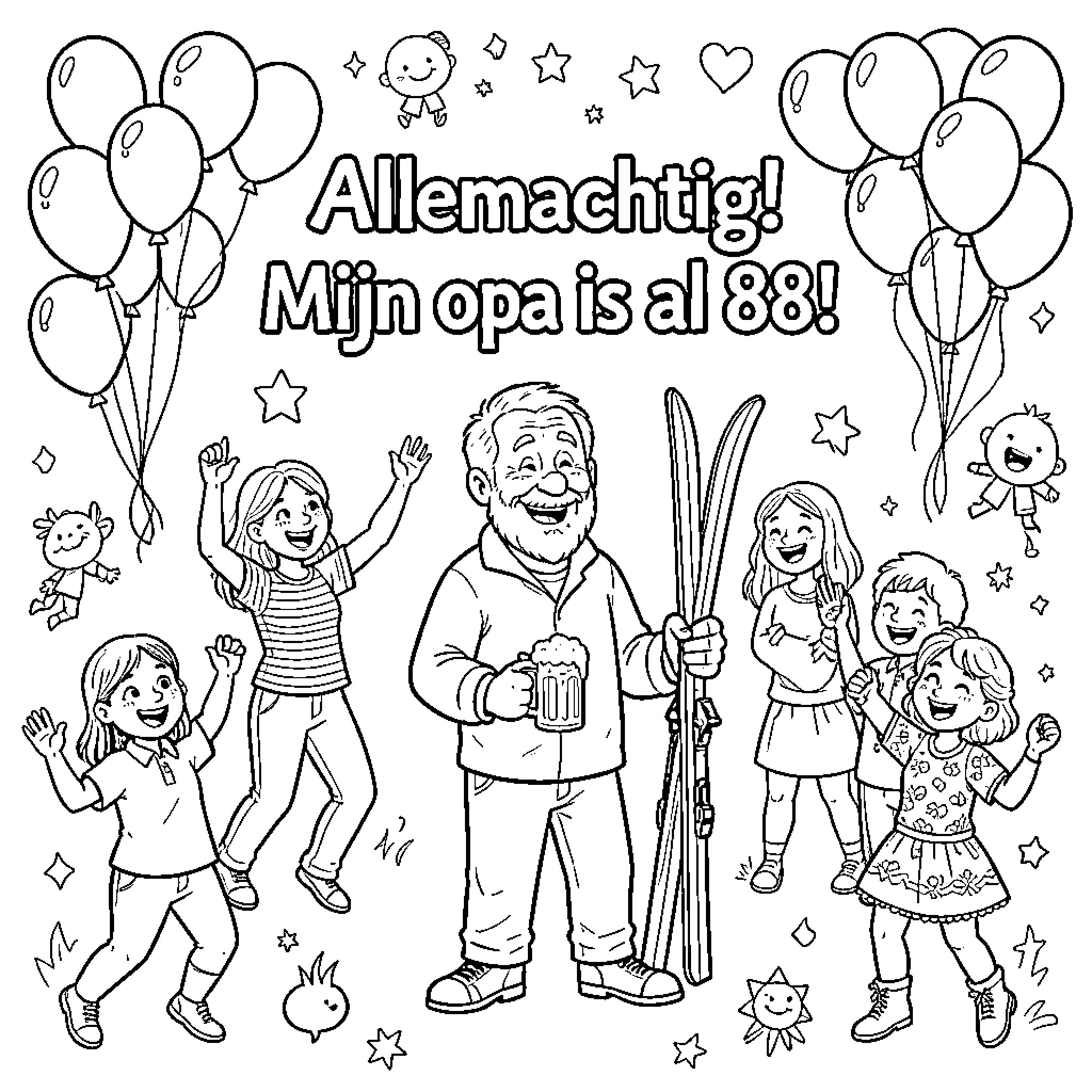 Birthday Celebration with Joyful Family Coloring Page (free black-and-white line drawing printable PDF for all, from beginners to advanced learners, including children, teens, adults, and seniors)