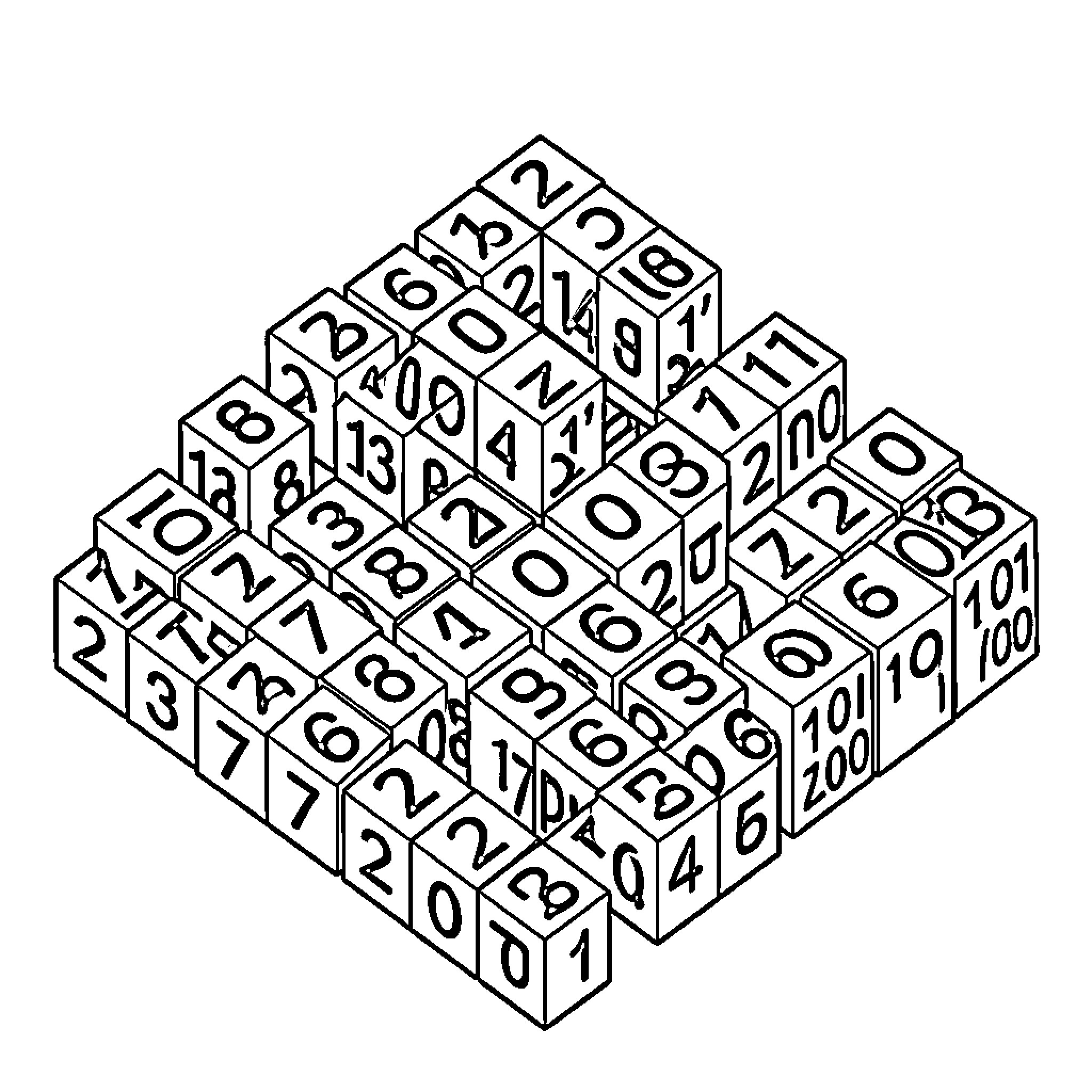 Number Blocks arranged in an isometric pattern Coloring Page (free black-and-white line drawing printable PDF for all, from beginners to advanced learners, including children, teens, adults, and seniors)