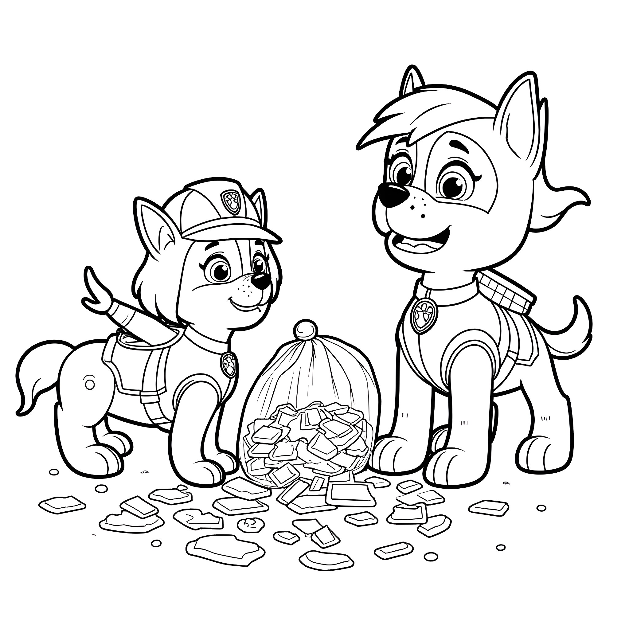 Paw Patrol pups on a mission with found treasures Coloring Page (free black-and-white line drawing printable PDF for all, from beginners to advanced learners, including children, teens, adults, and seniors)