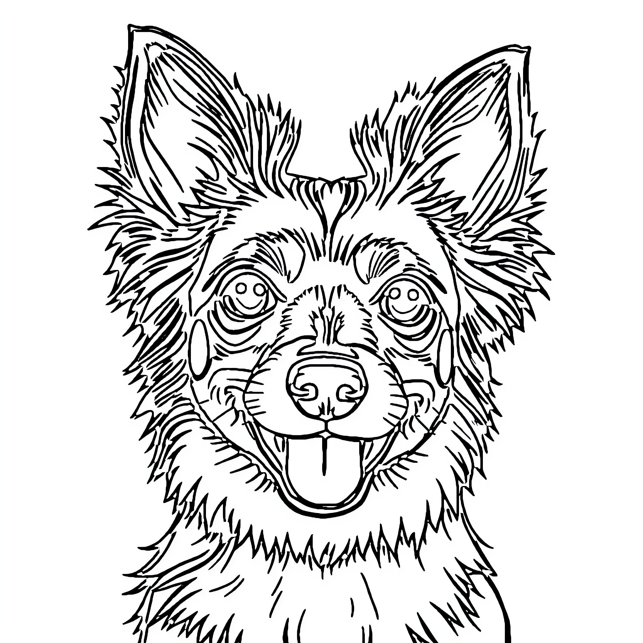 Butterfly-shaped Furry Dog's Happy Facial Expression Coloring Page (free black-and-white line drawing printable PDF for all, from beginners to advanced learners, including children, teens, adults, and seniors)