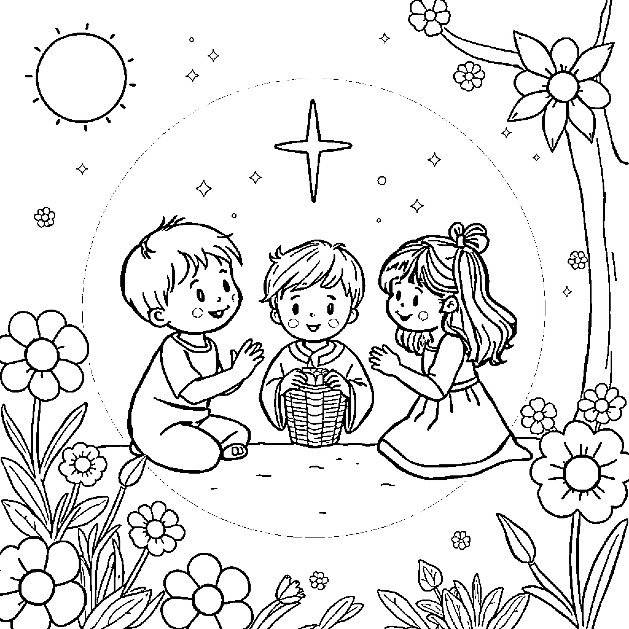 God's Children Enjoying Nature's Beauty Coloring Page (free black-and-white line drawing printable PDF for all, from beginners to advanced learners, including children, teens, adults, and seniors)