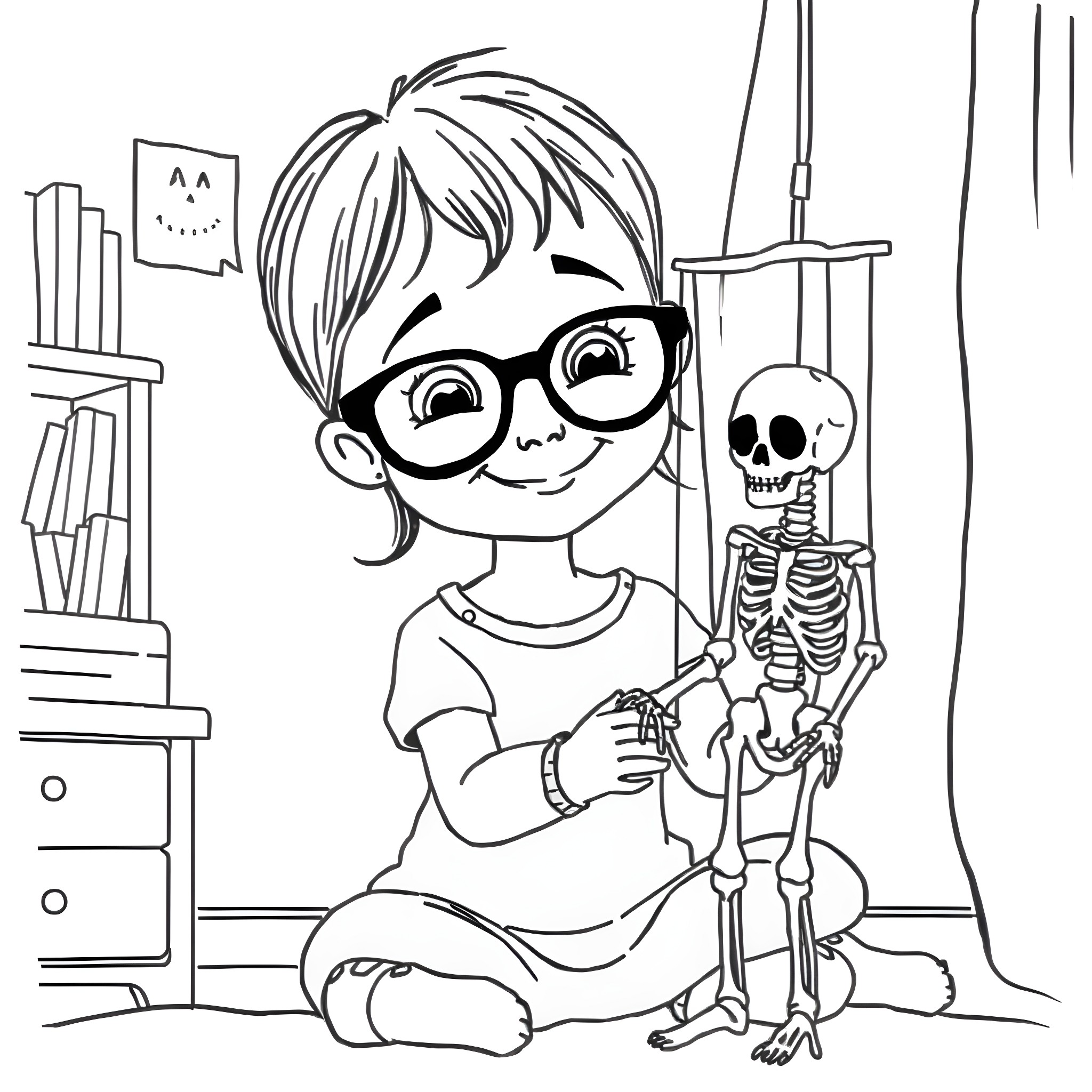 Girl playing with skeleton in her room Coloring Page (free black-and-white line drawing printable PDF for all, from beginners to advanced learners, including children, teens, adults, and seniors)