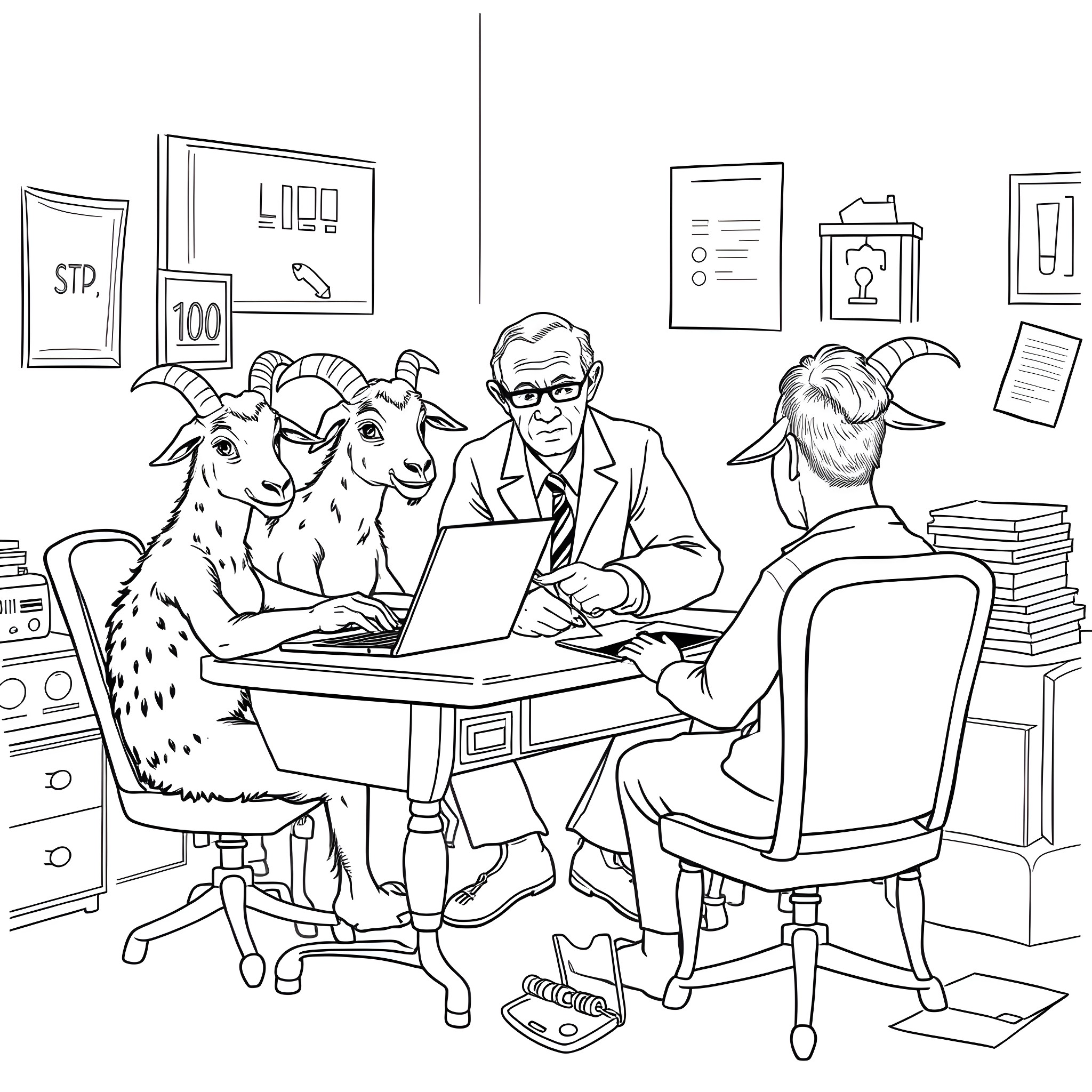 Goat assistants helping human with computer in office Coloring Page (free black-and-white line drawing printable PDF for all, from beginners to advanced learners, including children, teens, adults, and seniors)
