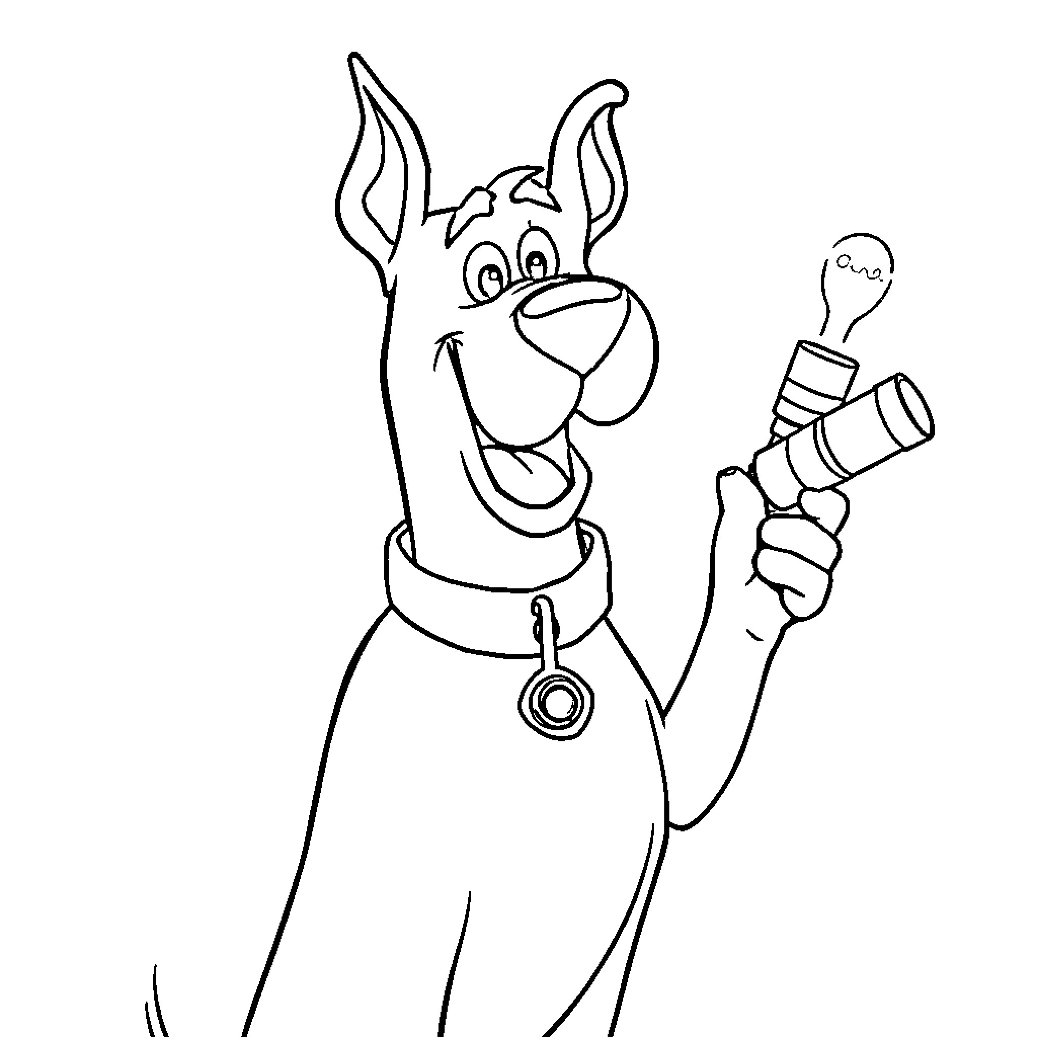 Scooby Doo excited with magnifying glass Coloring Page (free black-and-white line drawing printable PDF for all, from beginners to advanced learners, including children, teens, adults, and seniors)