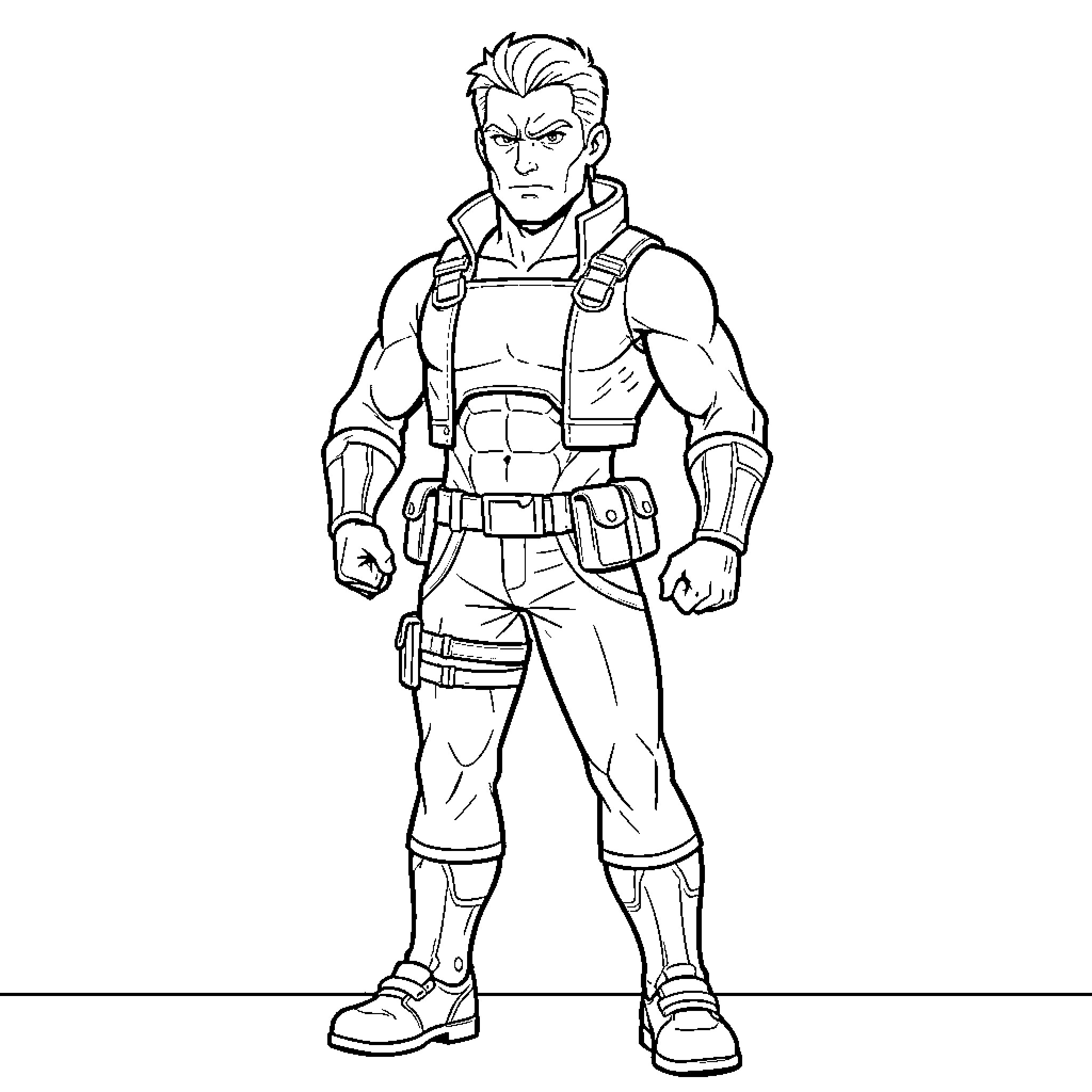 Ander's Heroic Stance in Combat Gear Coloring Page (free black-and-white line drawing printable PDF for all, from beginners to advanced learners, including children, teens, adults, and seniors)
