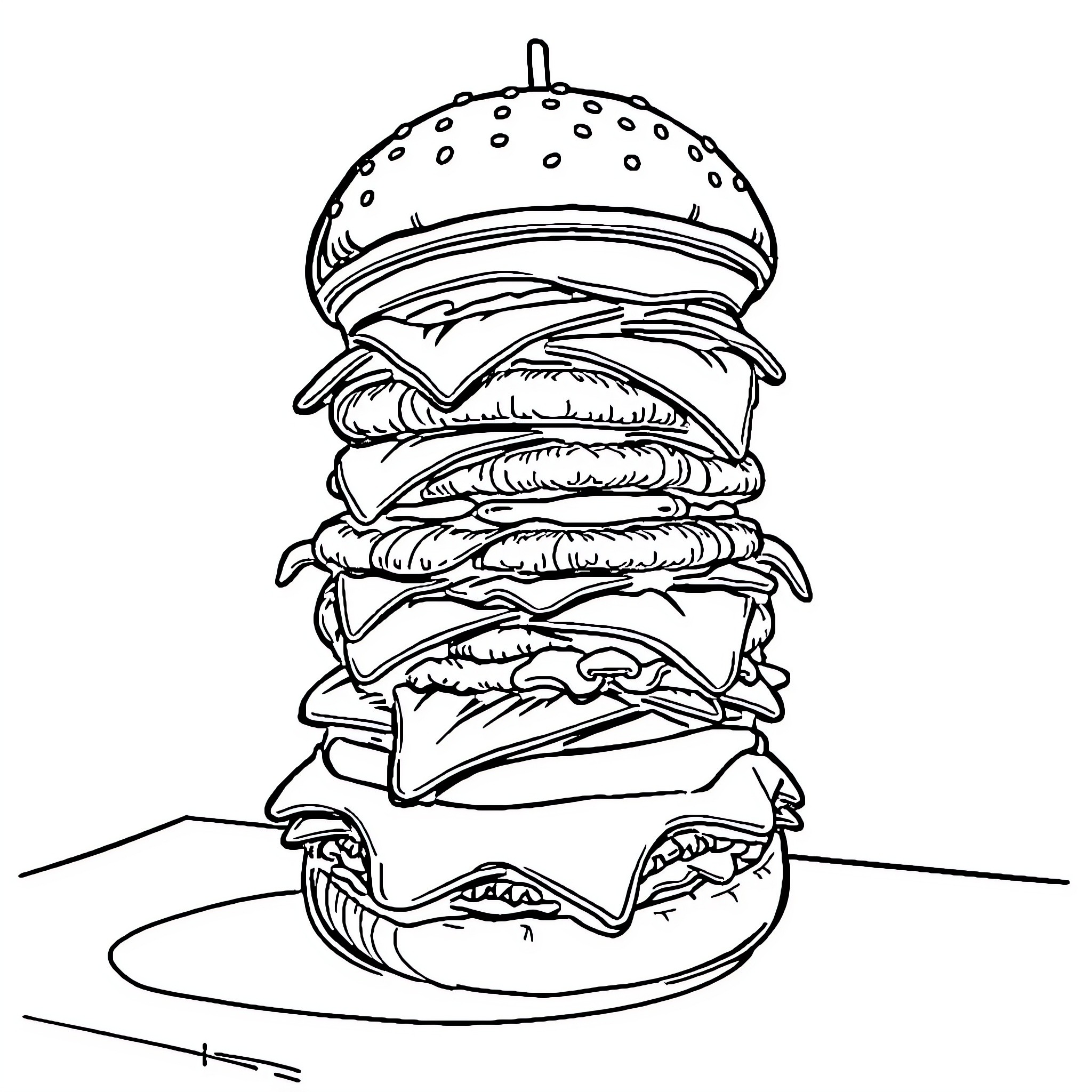 Orang enjoying a towering burger Coloring Page (free black-and-white line drawing printable PDF for all, from beginners to advanced learners, including children, teens, adults, and seniors)