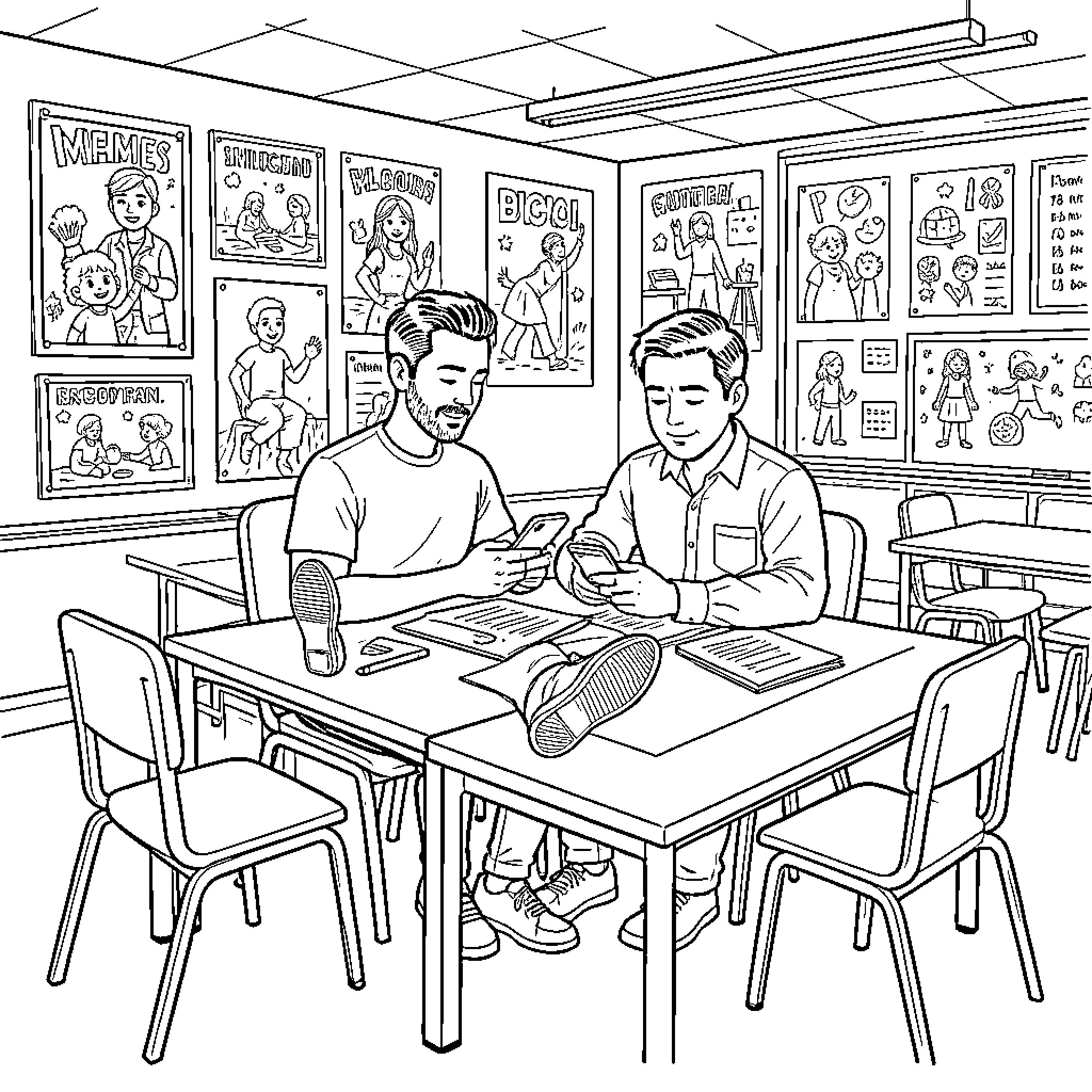 Men studying together in a classroom Coloring Page (free black-and-white line drawing printable PDF for all, from beginners to advanced learners, including children, teens, adults, and seniors)