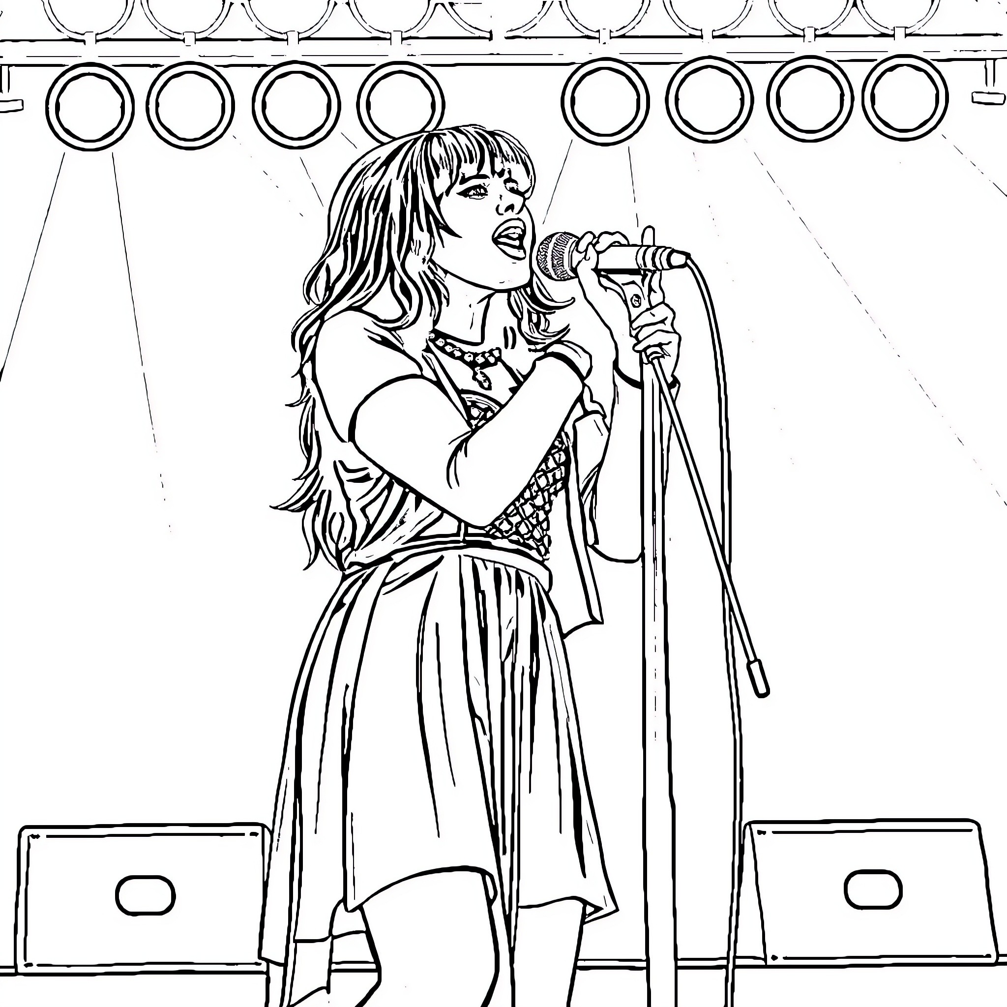 Melanie Martinez performing on stage with microphone Coloring Page (free black-and-white line drawing printable PDF for all, from beginners to advanced learners, including children, teens, adults, and seniors)