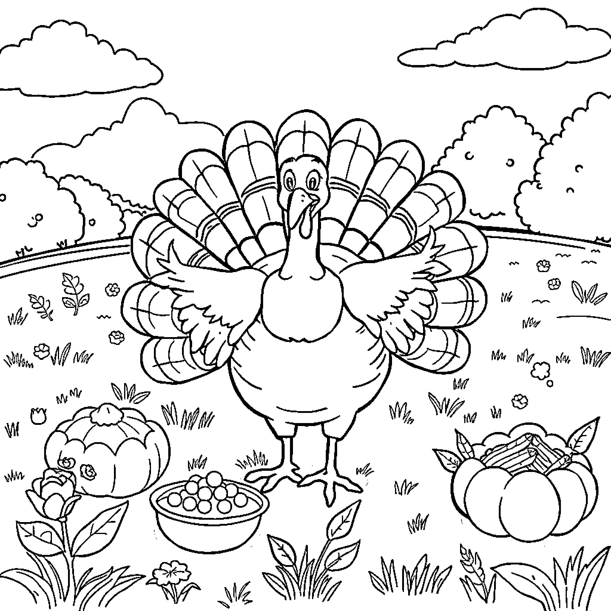 Turkey in a pastoral autumn scene Coloring Page (free black-and-white line drawing printable PDF for all, from beginners to advanced learners, including children, teens, adults, and seniors)