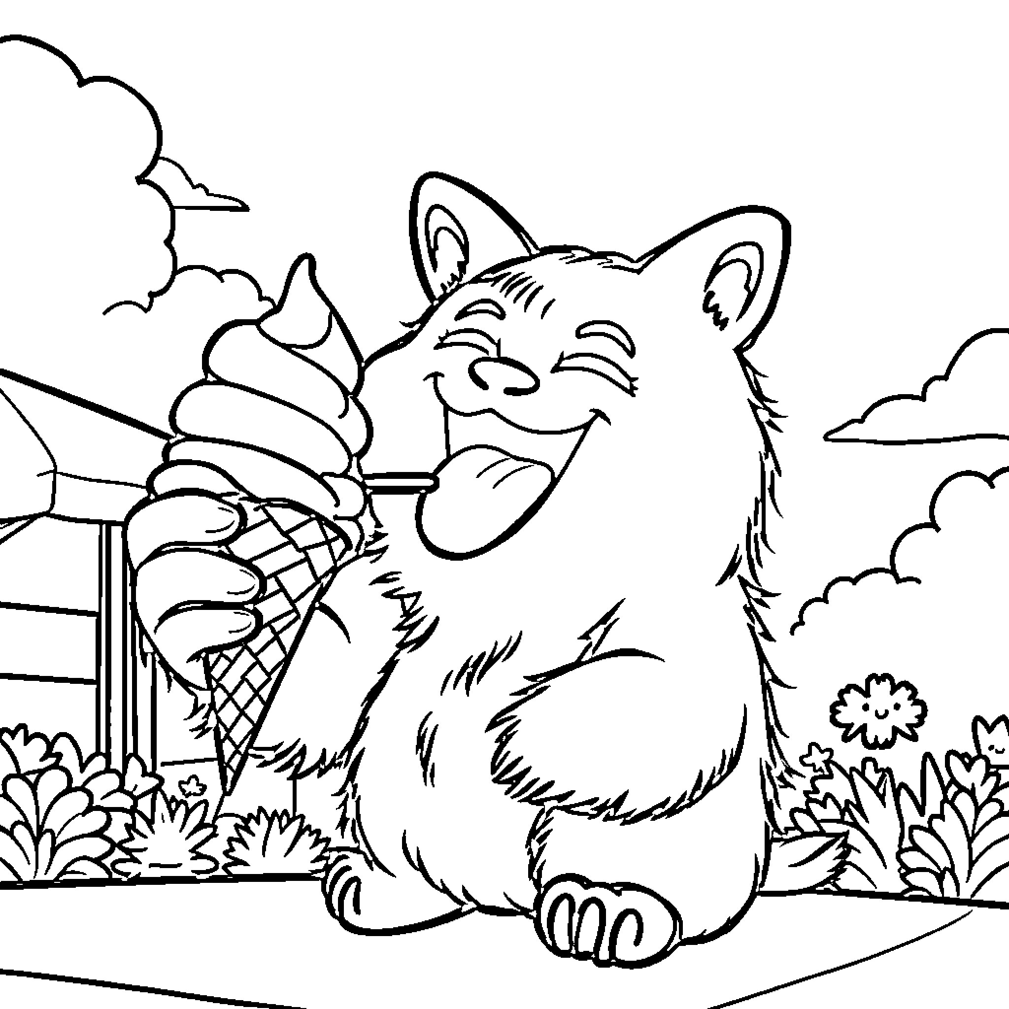 Tung the Cheerful Kitty Enjoys Tasty Treat Coloring Page (free black-and-white line drawing printable PDF for all, from beginners to advanced learners, including children, teens, adults, and seniors)