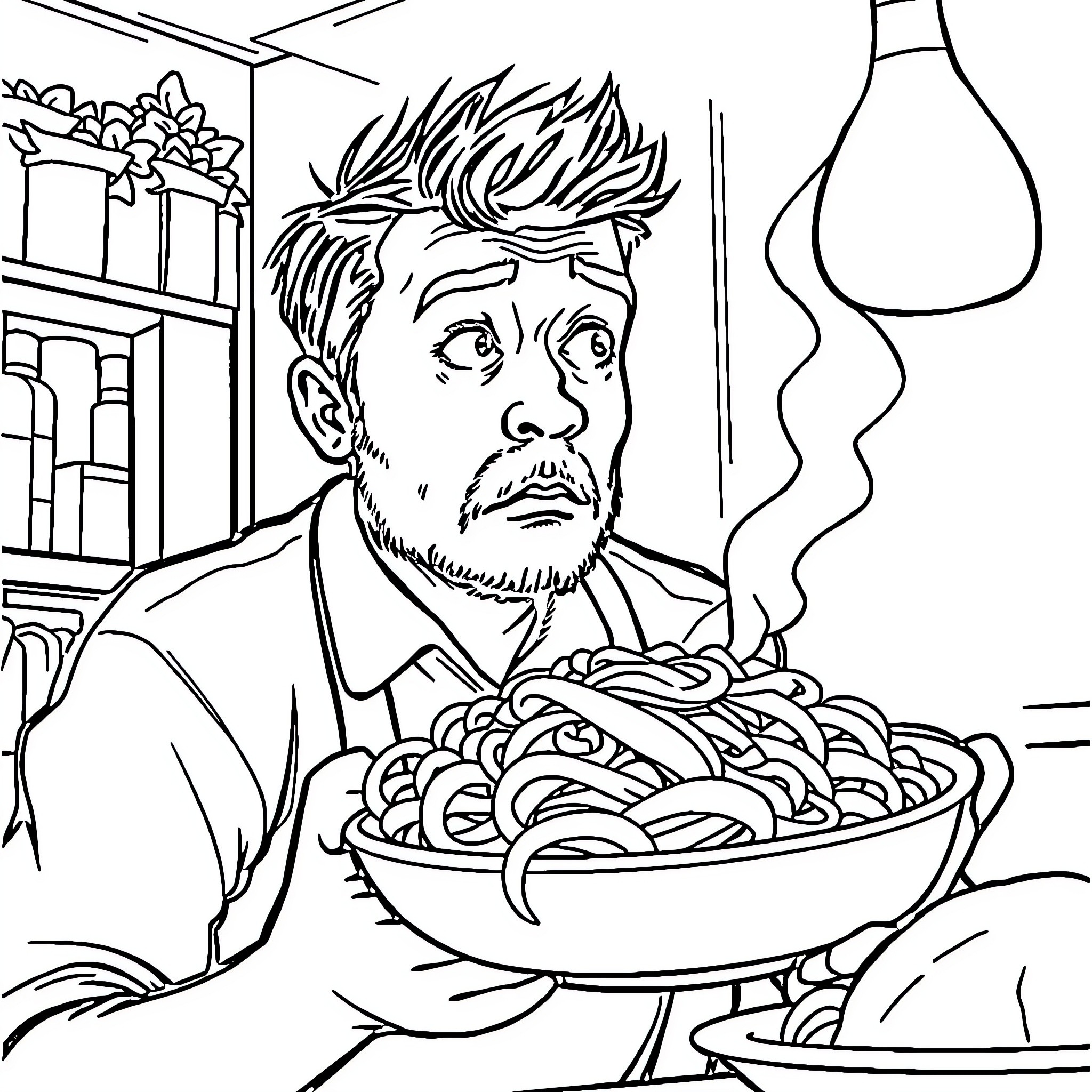 Man Enjoying a Hearty Meal in his Kitchen Coloring Page (free black-and-white line drawing printable PDF for all, from beginners to advanced learners, including children, teens, adults, and seniors)