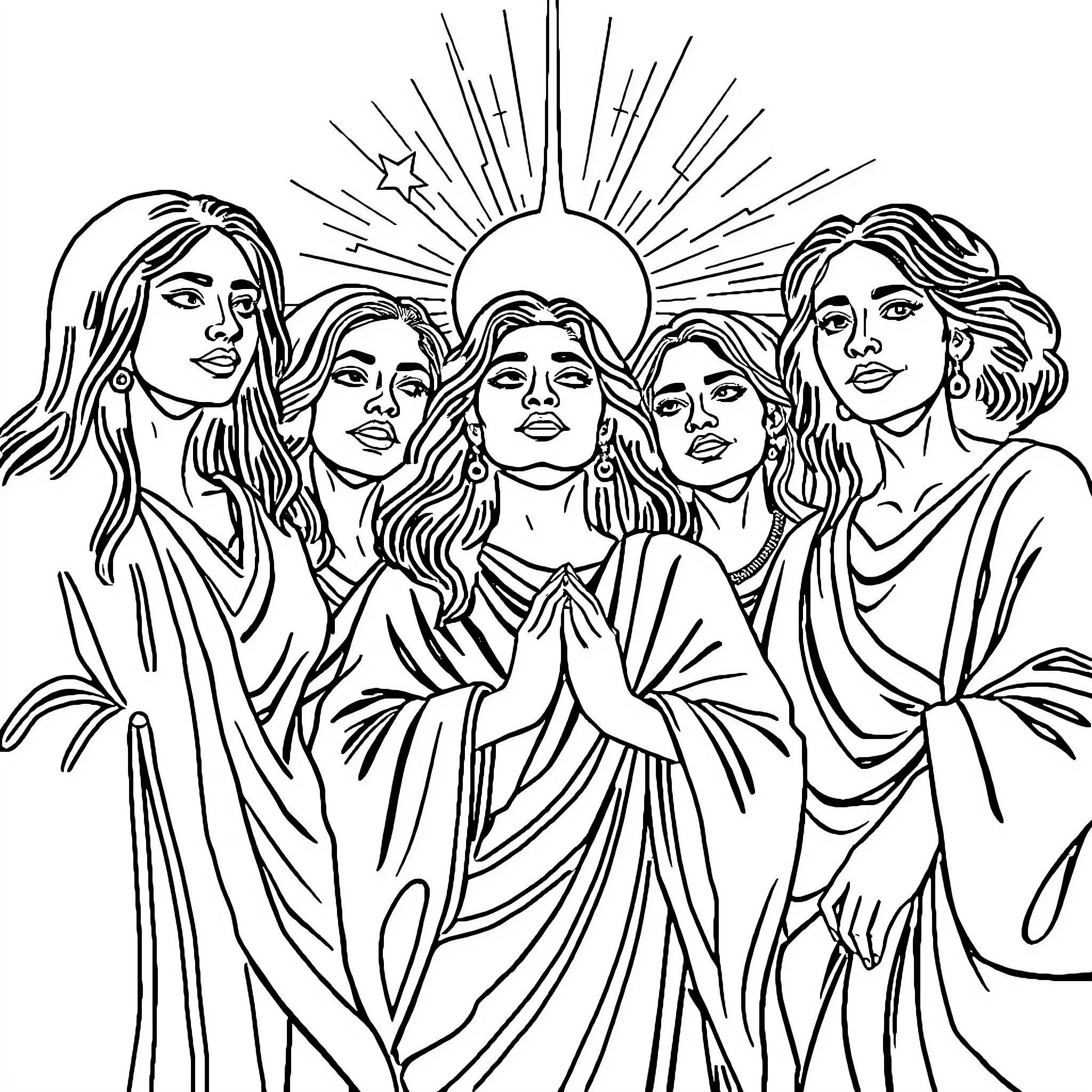 Woman praying with religious figures in a spiritual setting Coloring Page (free black-and-white line drawing printable PDF for all, from beginners to advanced learners, including children, teens, adults, and seniors)