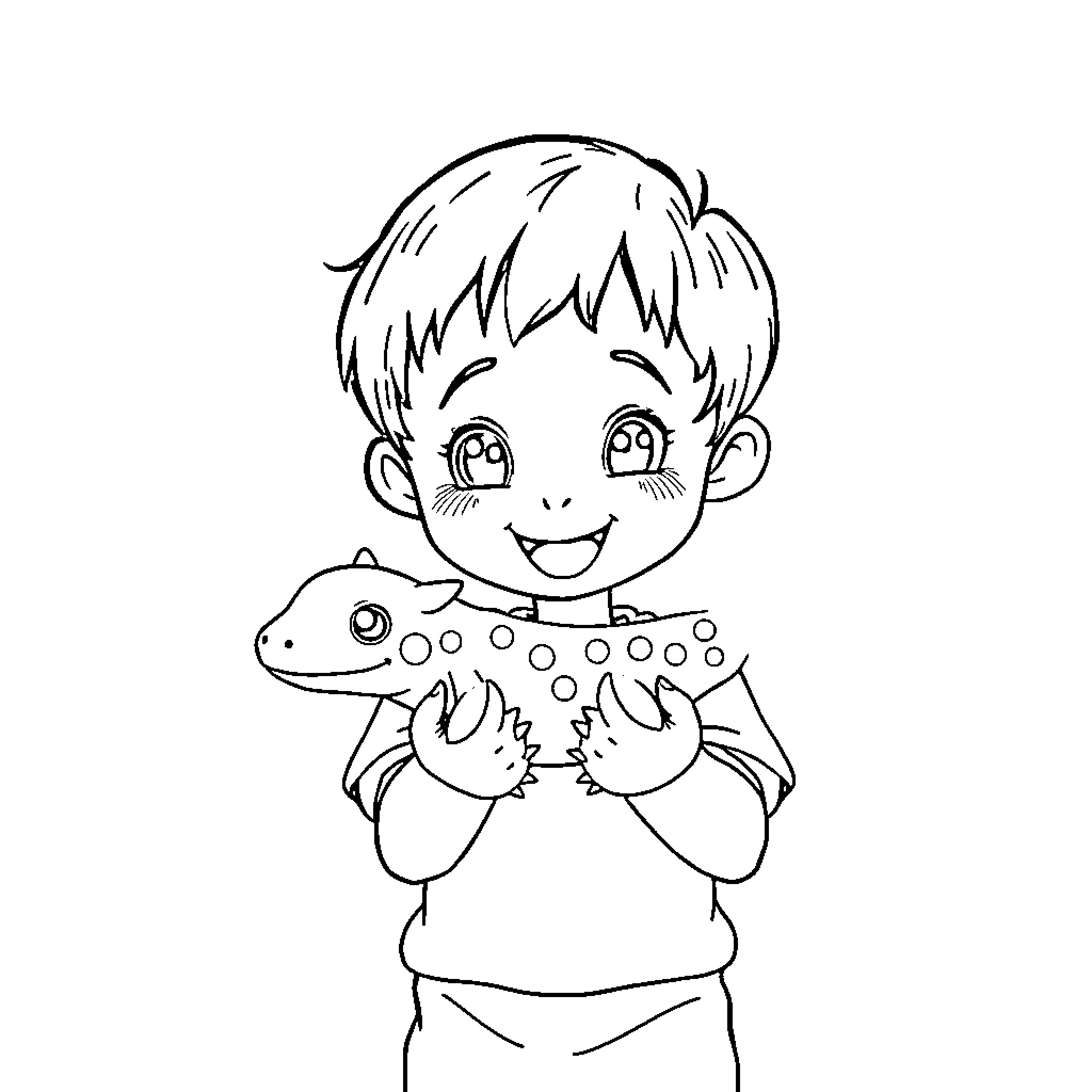 Child joyfully playing with pet lizard Coloring Page (free black-and-white line drawing printable PDF for all, from beginners to advanced learners, including children, teens, adults, and seniors)