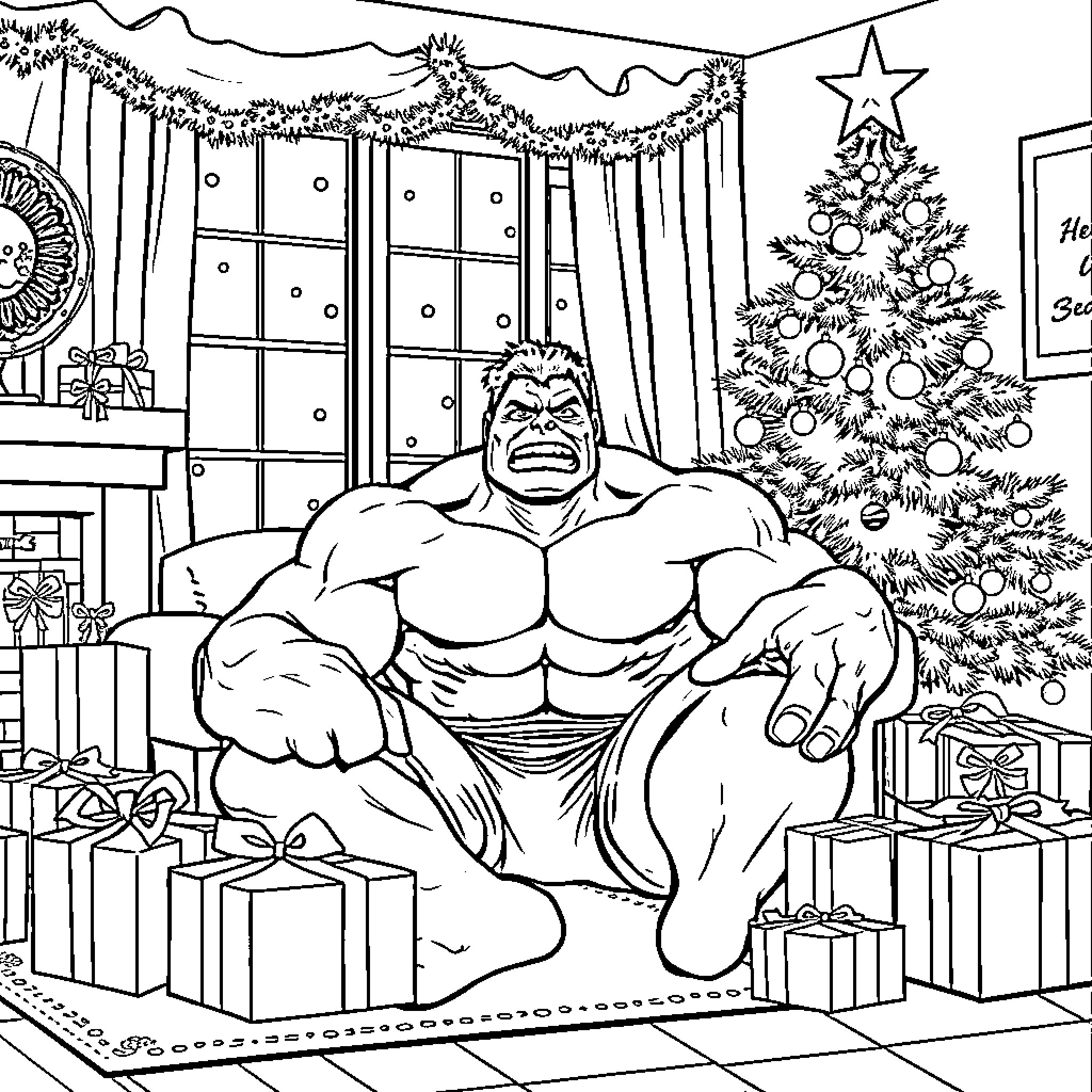 Hulk Celebrates Christmas in His Living Room Coloring Page (free black-and-white line drawing printable PDF for all, from beginners to advanced learners, including children, teens, adults, and seniors)