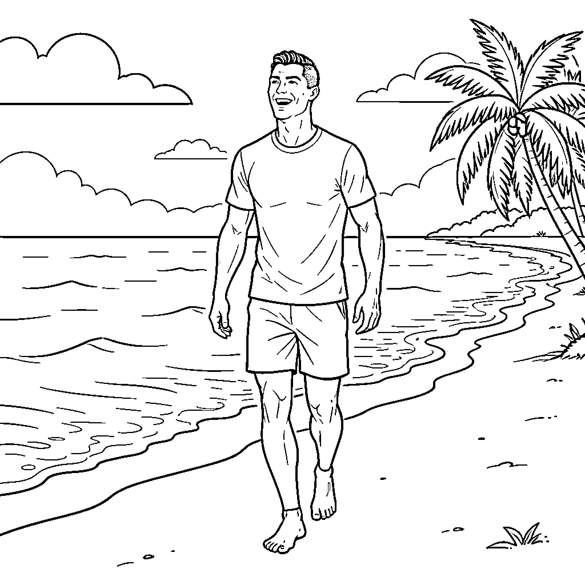 Ronaldo walking happily along a tropical beach Coloring Page (free black-and-white line drawing printable PDF for all, from beginners to advanced learners, including children, teens, adults, and seniors)