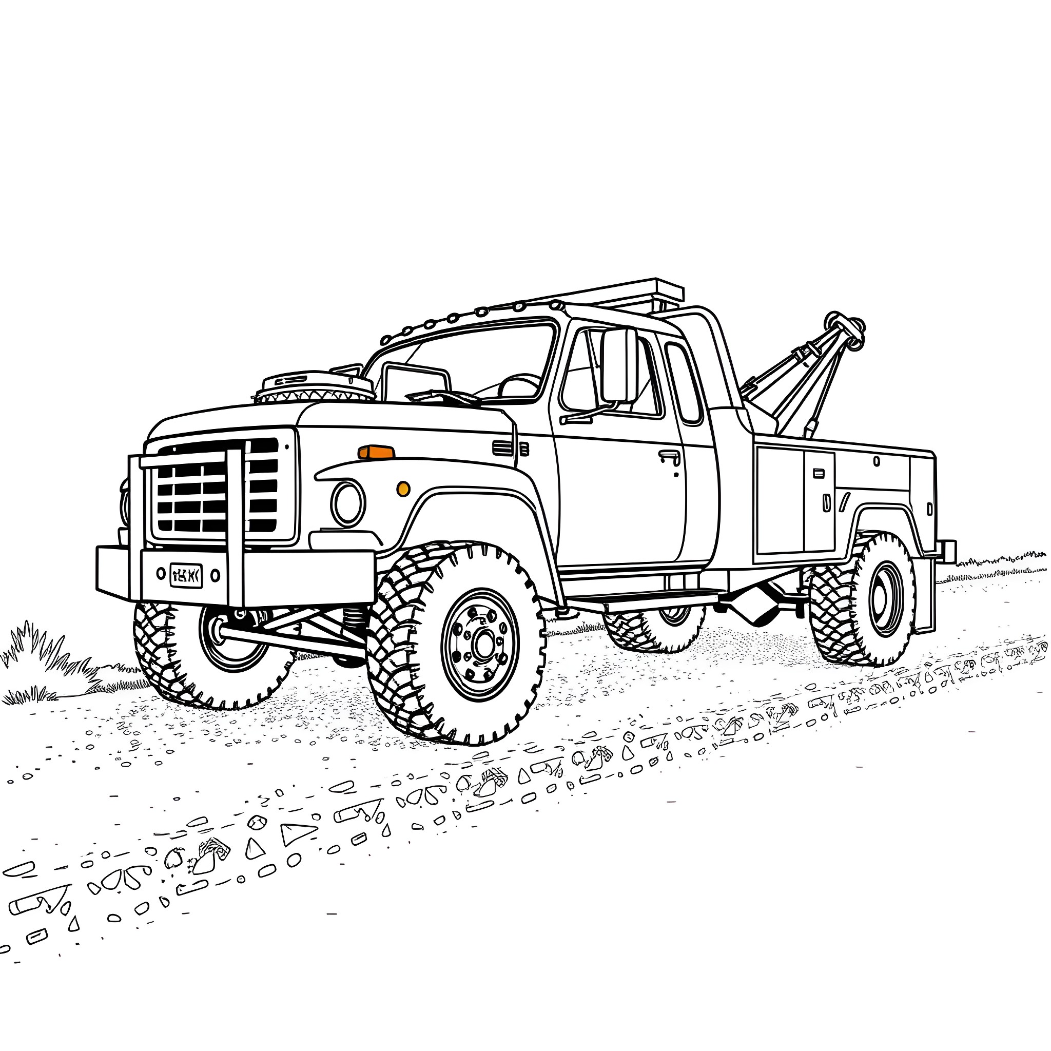 Wrecker truck maneuvering over rough terrain Coloring Page (free black-and-white line drawing printable PDF for all, from beginners to advanced learners, including children, teens, adults, and seniors)