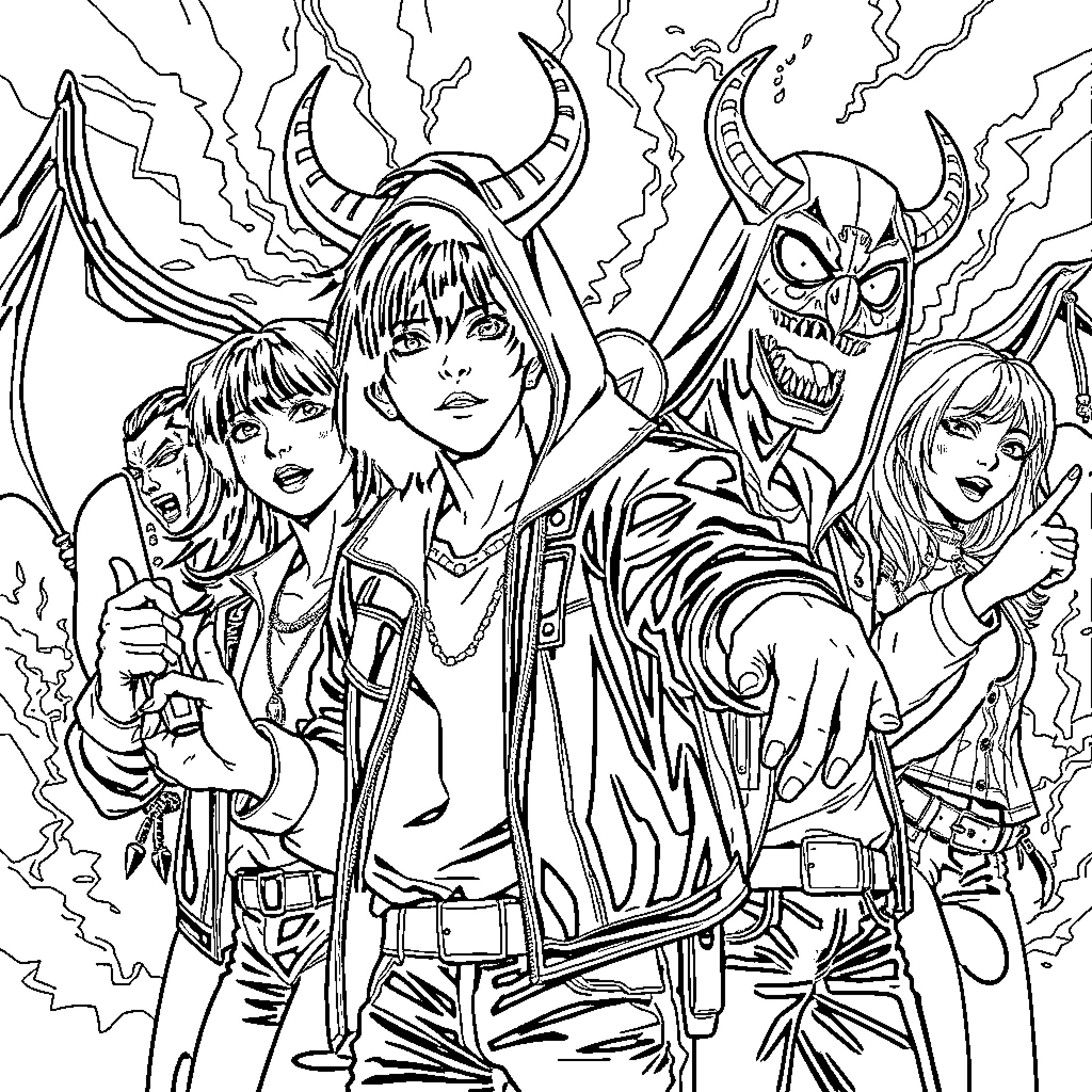 Demon Hunter Faces Fearsome Foes in Epic Showdown Coloring Page (free black-and-white line drawing printable PDF for all, from beginners to advanced learners, including children, teens, adults, and seniors)