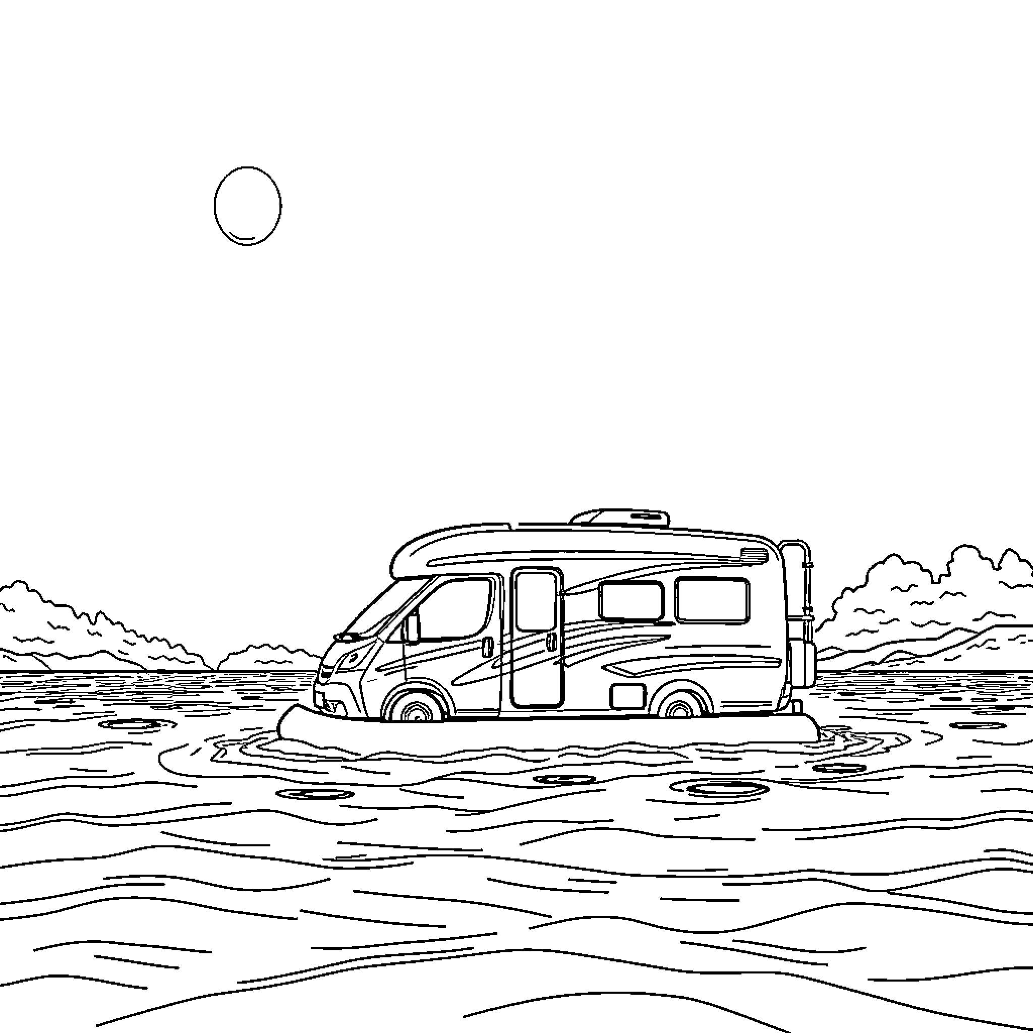 Camping Car Floating on Serene Waters Coloring Page (free black-and-white line drawing printable PDF for all, from beginners to advanced learners, including children, teens, adults, and seniors)
