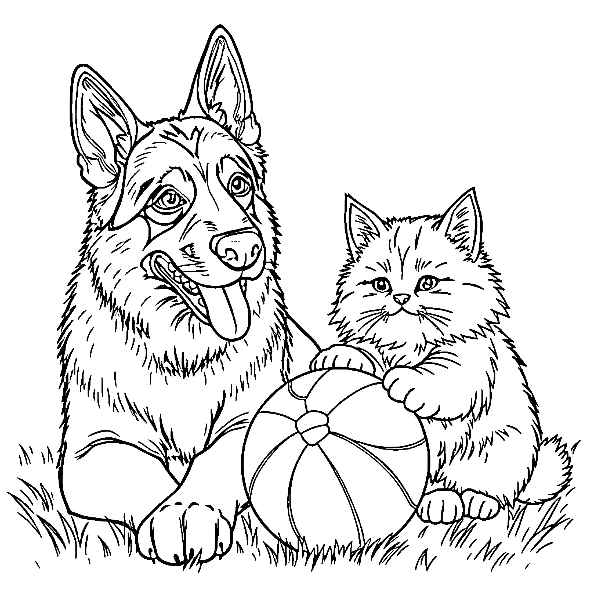 German Shepherd and Kitten Playing with Ball Coloring Page (free black-and-white line drawing printable PDF for all, from beginners to advanced learners, including children, teens, adults, and seniors)