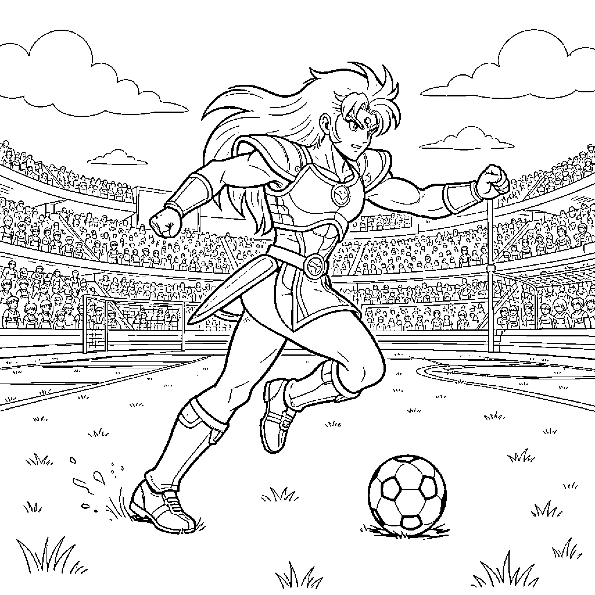 Caballero playing soccer intensely in a crowded stadium Coloring Page (free black-and-white line drawing printable PDF for all, from beginners to advanced learners, including children, teens, adults, and seniors)