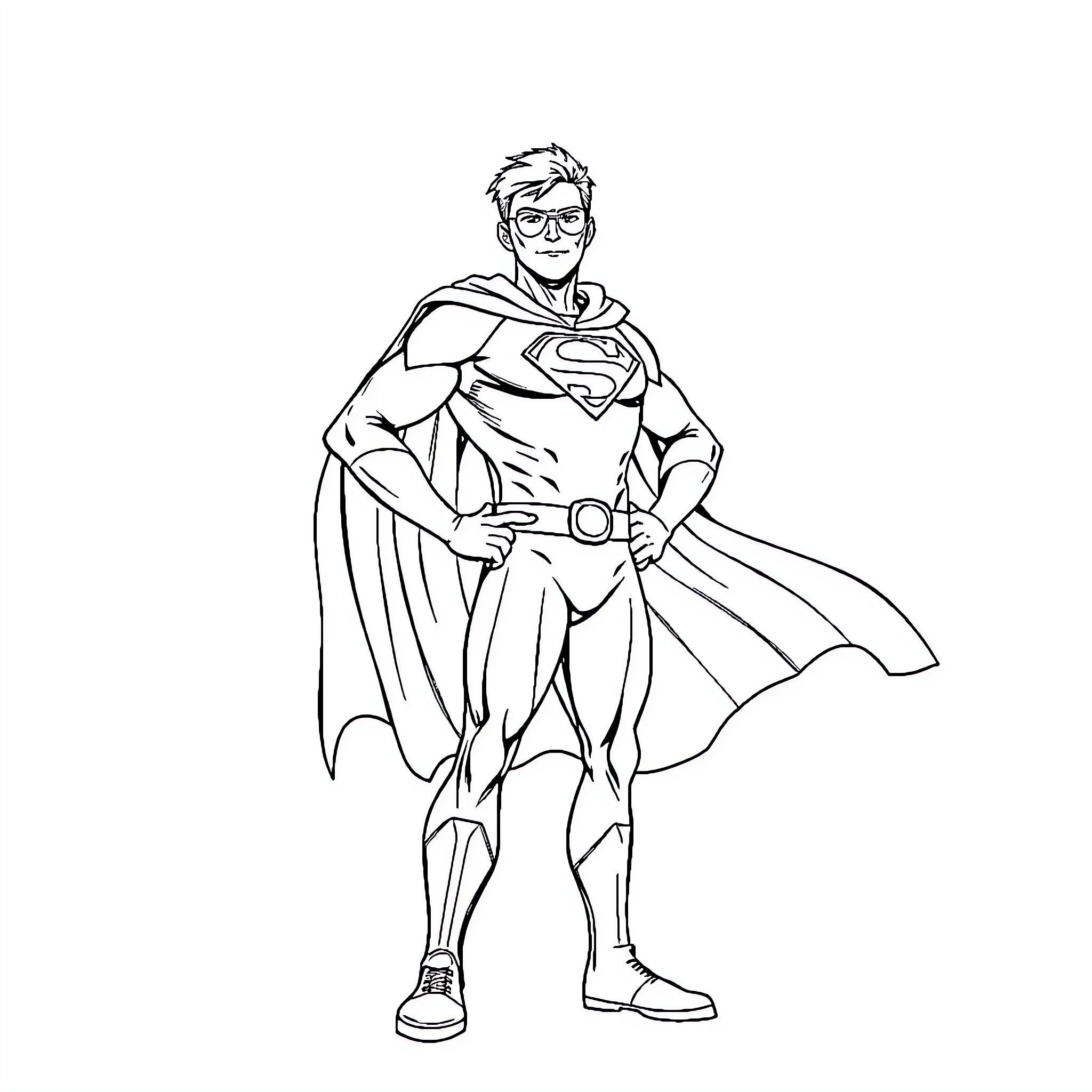 Superhero in action-packed pose Coloring Page (free black-and-white line drawing printable PDF for all, from beginners to advanced learners, including children, teens, adults, and seniors)