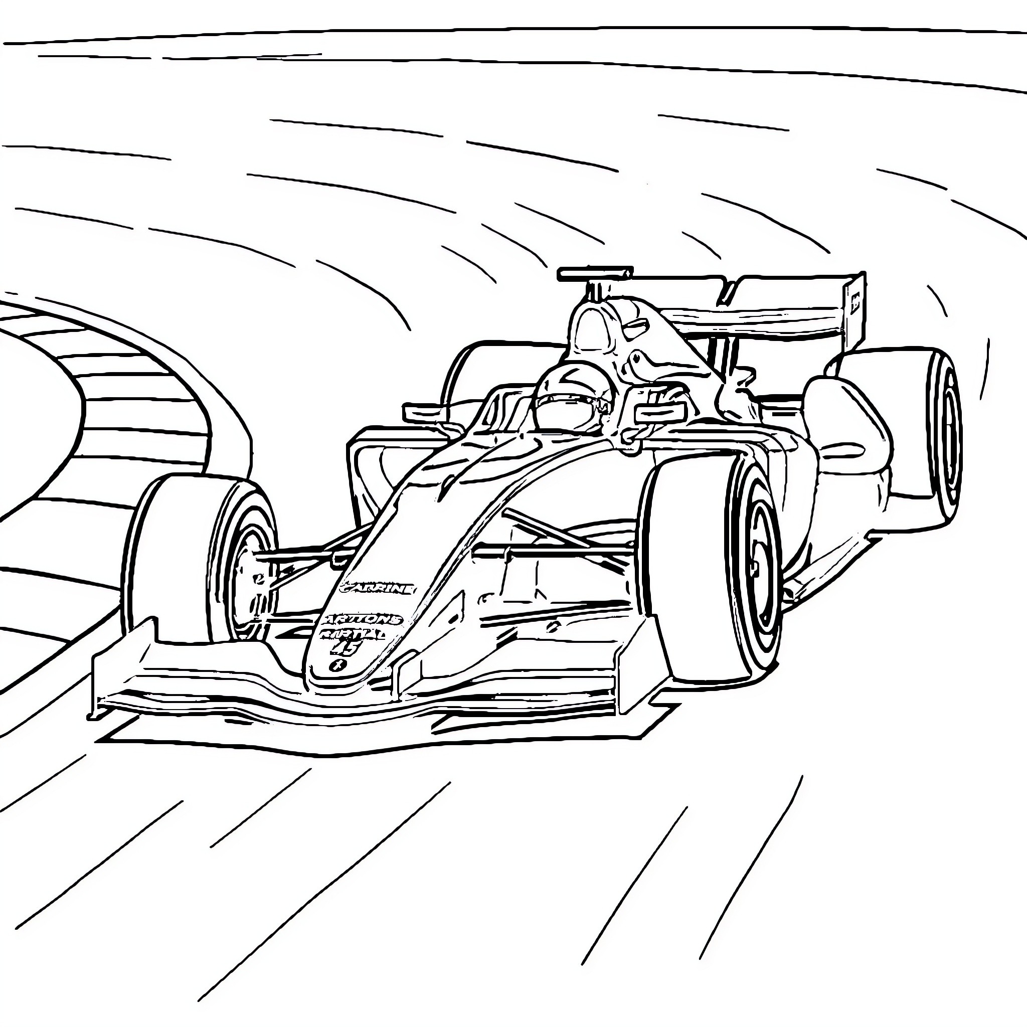 Formula 1 Car racing on the track Coloring Page (free black-and-white line drawing printable PDF for all, from beginners to advanced learners, including children, teens, adults, and seniors)