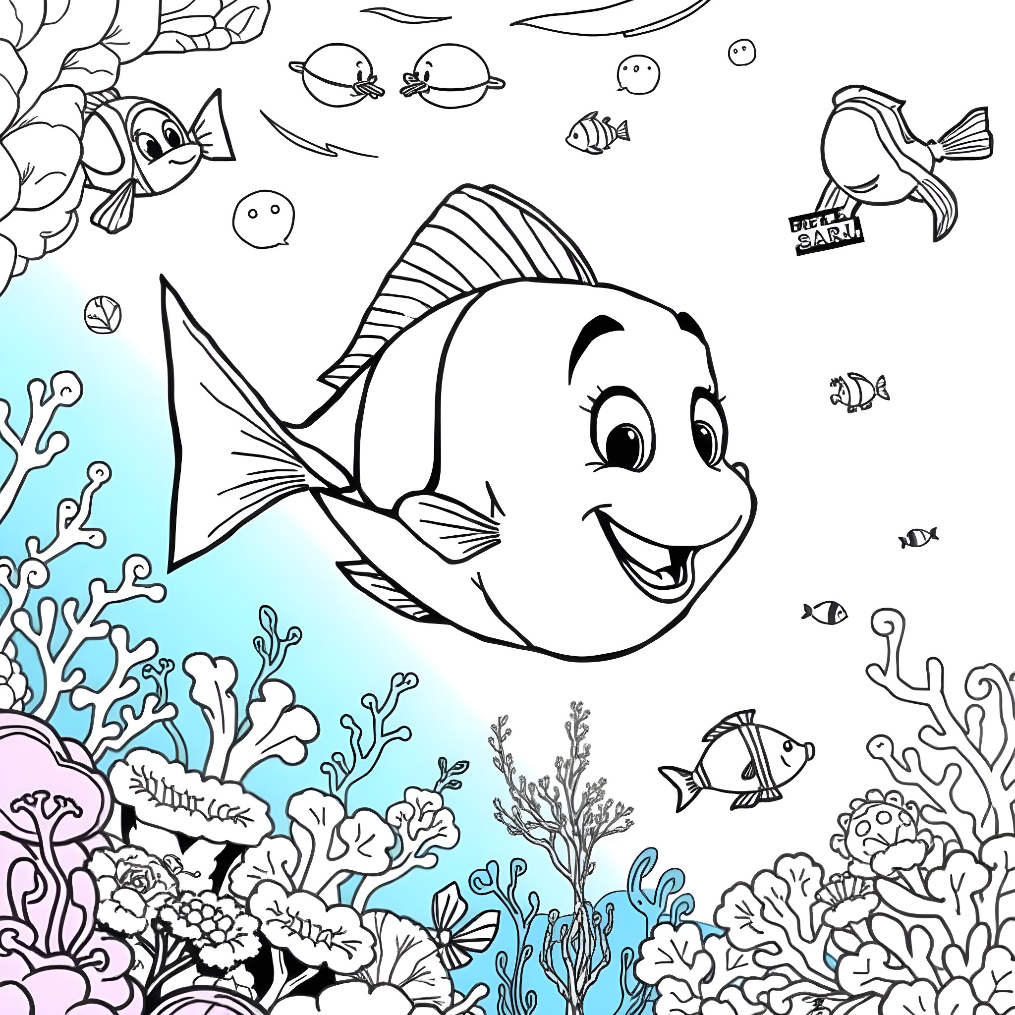 Flounder swimming cheerfully in the underwater garden Coloring Page (free black-and-white line drawing printable PDF for all, from beginners to advanced learners, including children, teens, adults, and seniors)