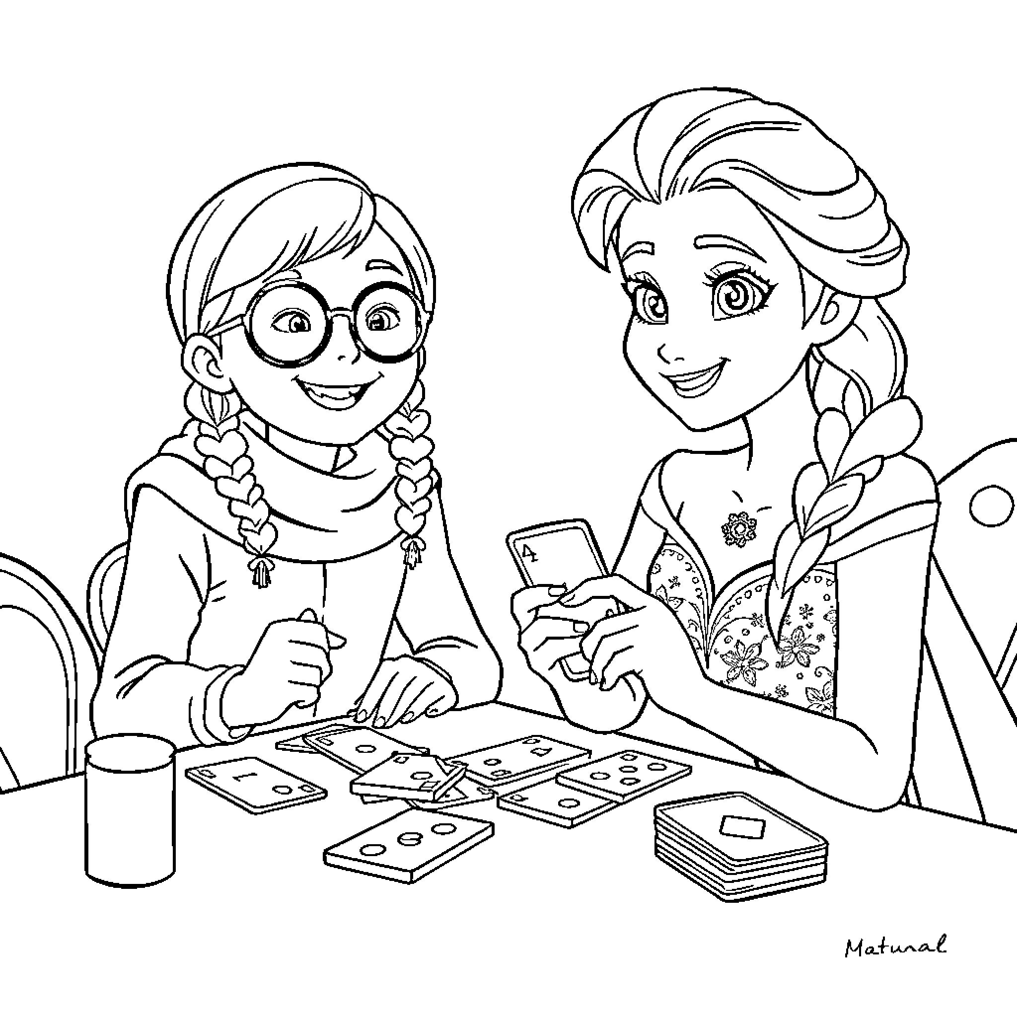 Elsa and Anna playing card games together Coloring Page (free black-and-white line drawing printable PDF for all, from beginners to advanced learners, including children, teens, adults, and seniors)