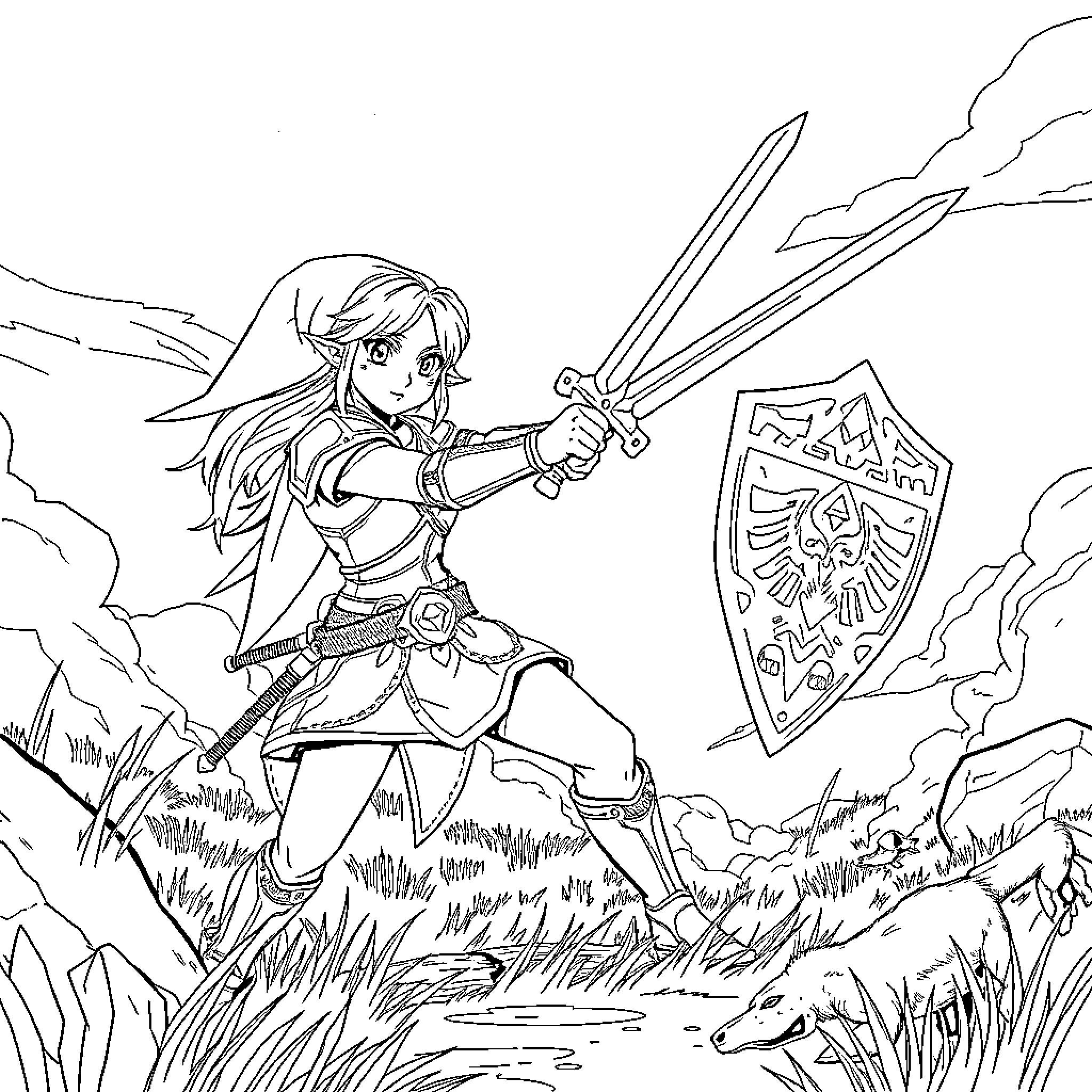 Zelda's Heroic Stance with Sword and Shield Coloring Page (free black-and-white line drawing printable PDF for all, from beginners to advanced learners, including children, teens, adults, and seniors)