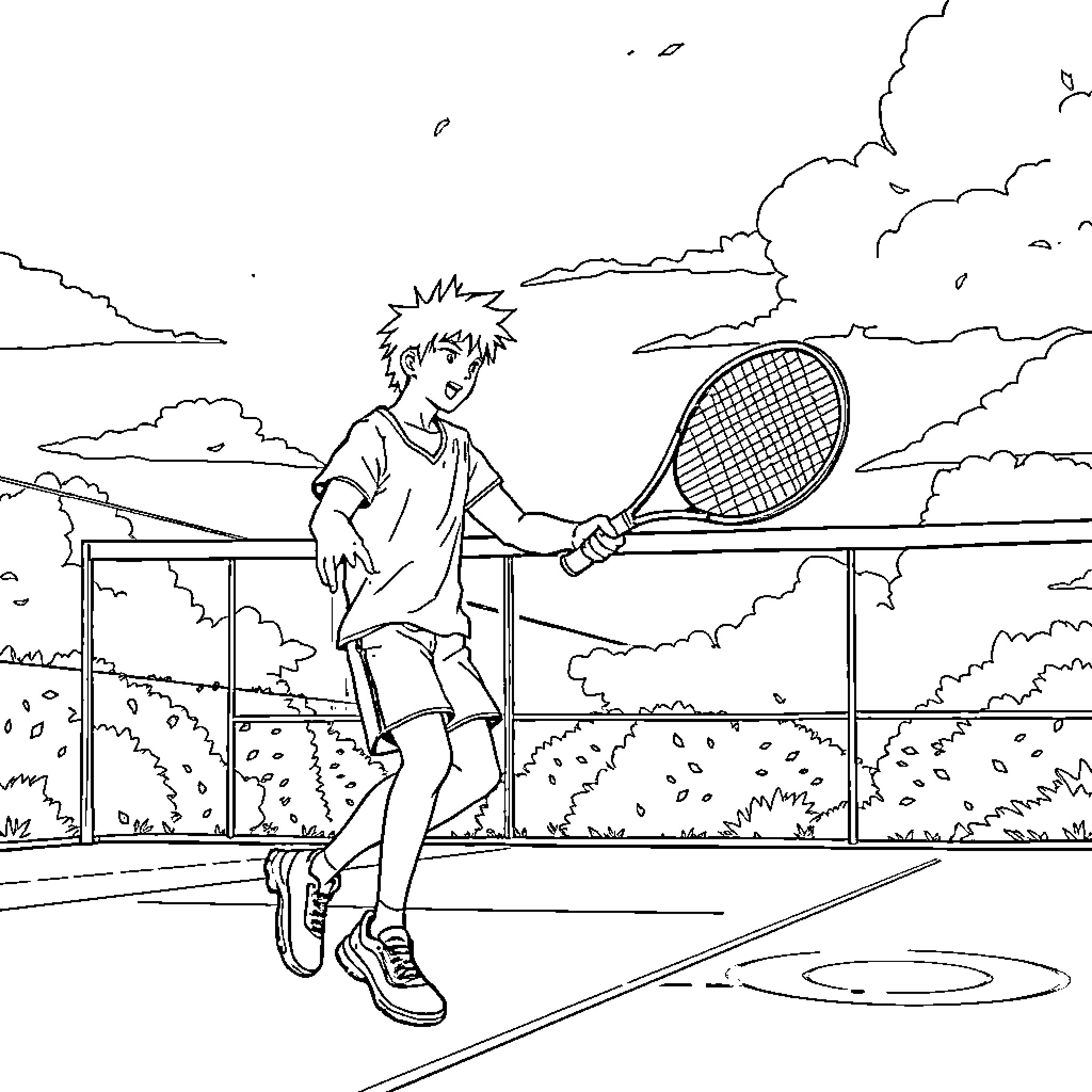 Kuroko playing tennis on the court Coloring Page (free black-and-white line drawing printable PDF for all, from beginners to advanced learners, including children, teens, adults, and seniors)