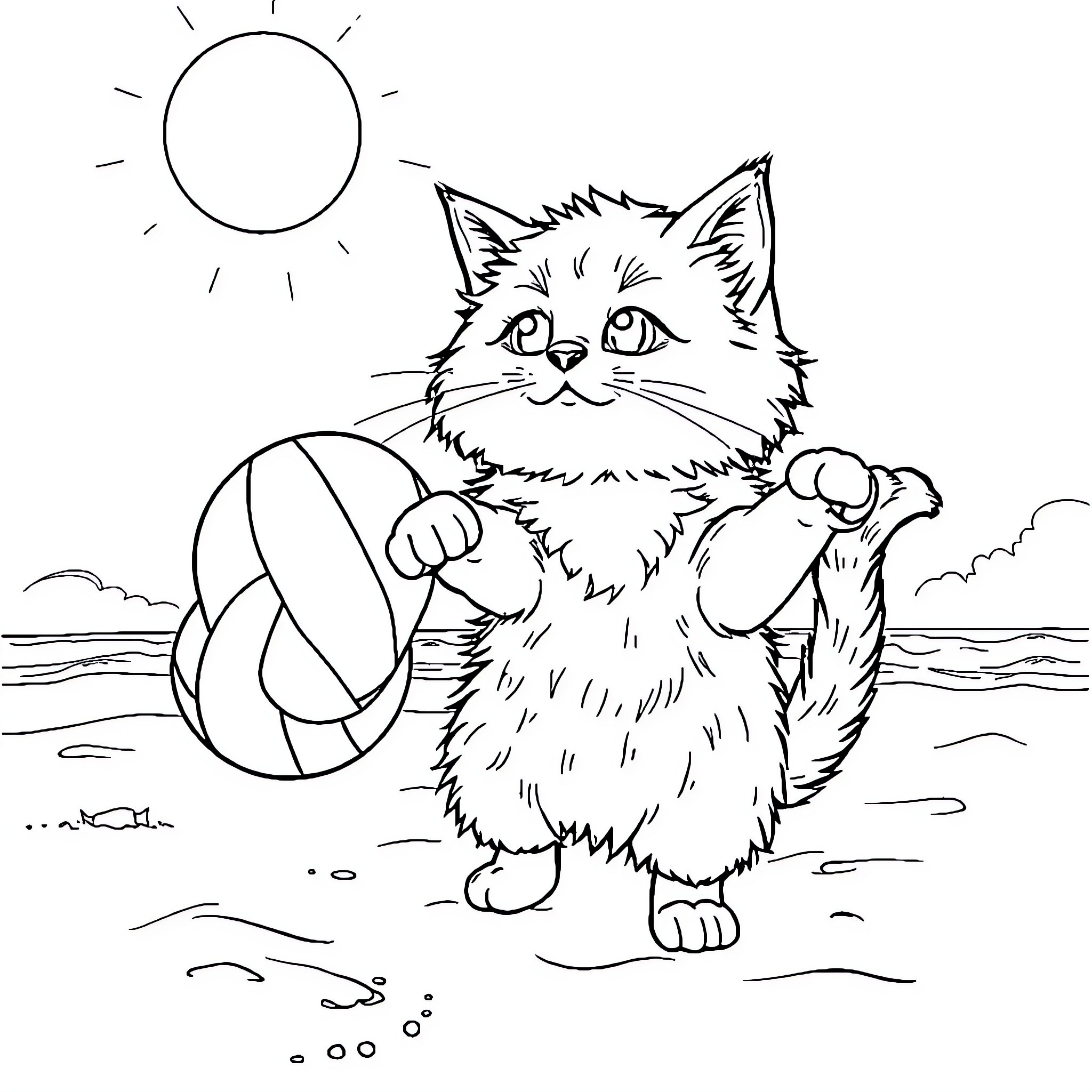 Cat playing with beach ball on sunny day Coloring Page (free black-and-white line drawing printable PDF for all, from beginners to advanced learners, including children, teens, adults, and seniors)
